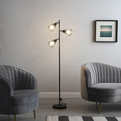 Adjustable Industrial Farmhouse Floor Lamp with Metal Cage Shades – Black Matte Finish