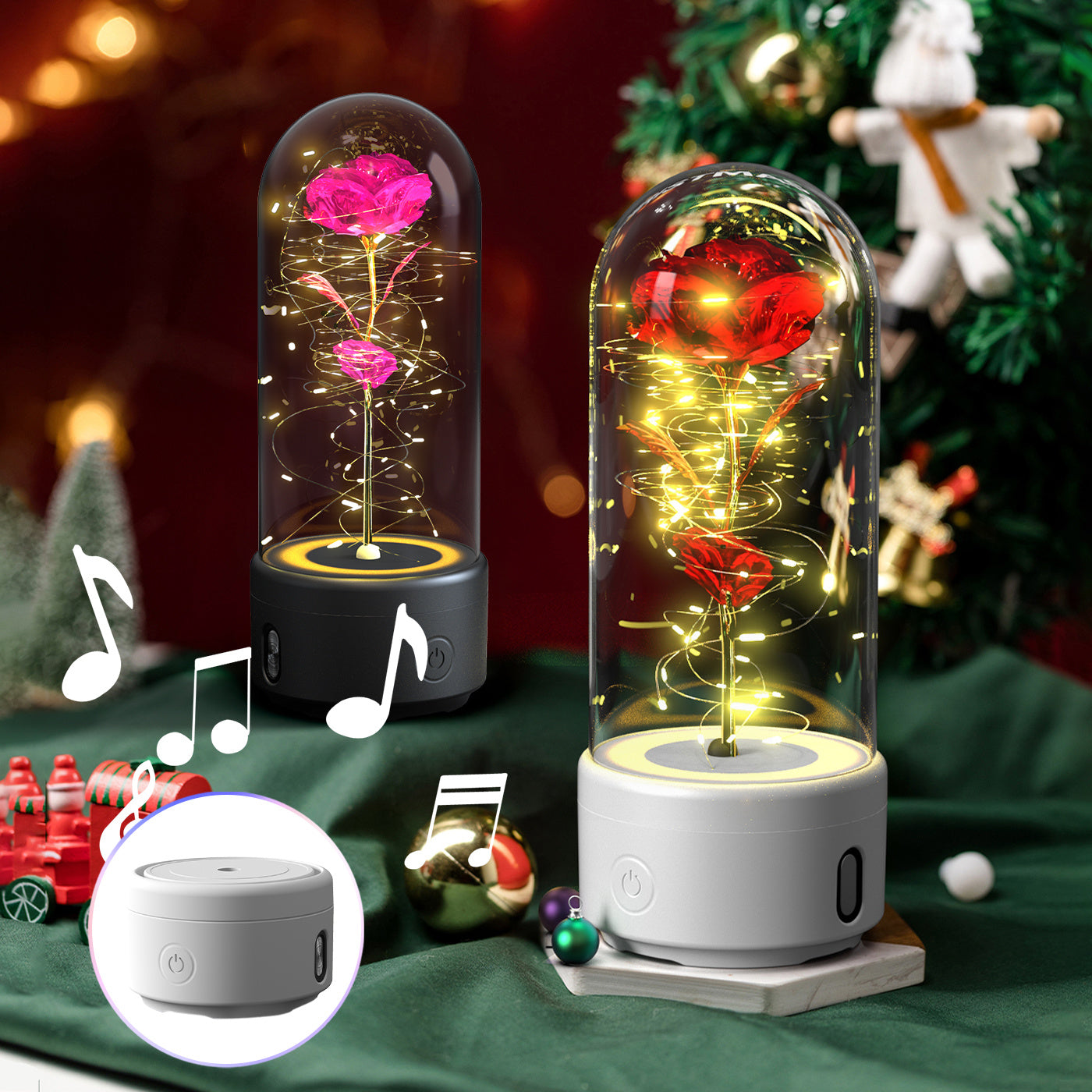 2-in-1 Rose Glass LED Light with Bluetooth Speaker – Romantic Flower Night Light Gift