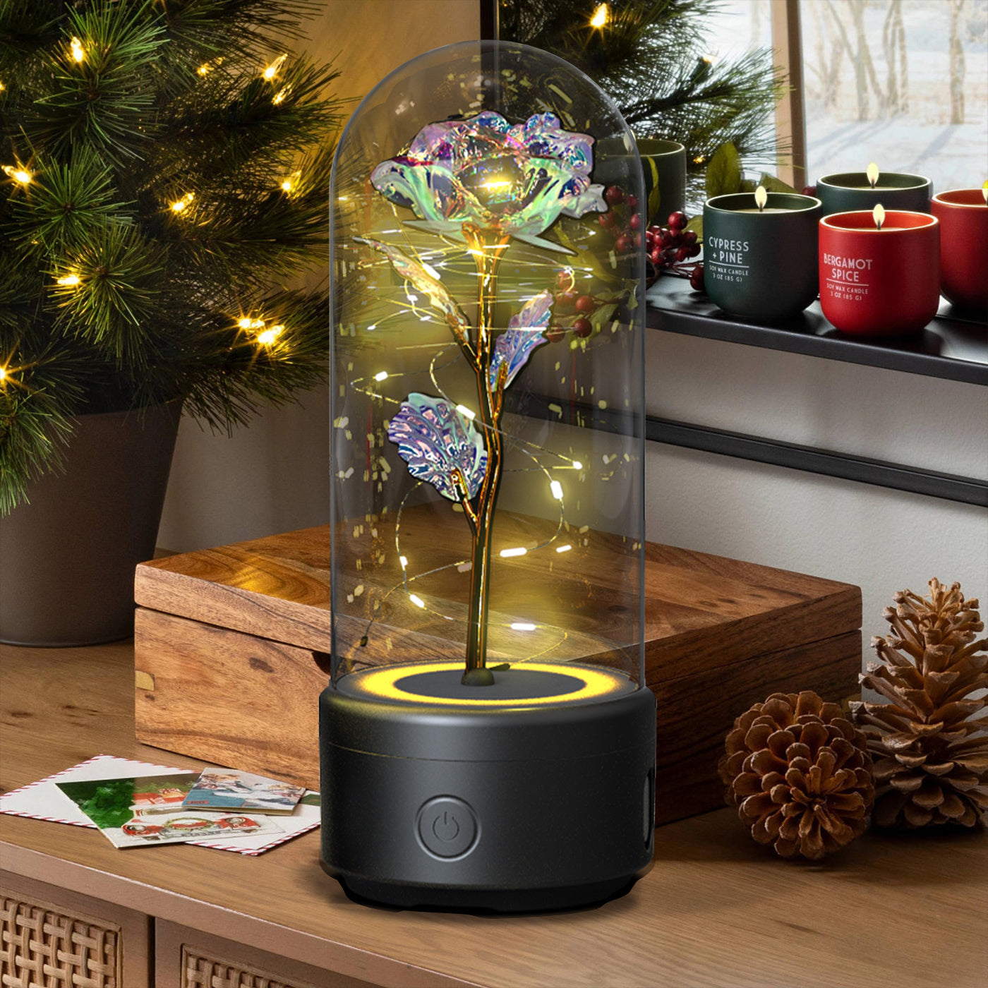 2-in-1 Rose Glass LED Light with Bluetooth Speaker – Romantic Flower Night Light Gift