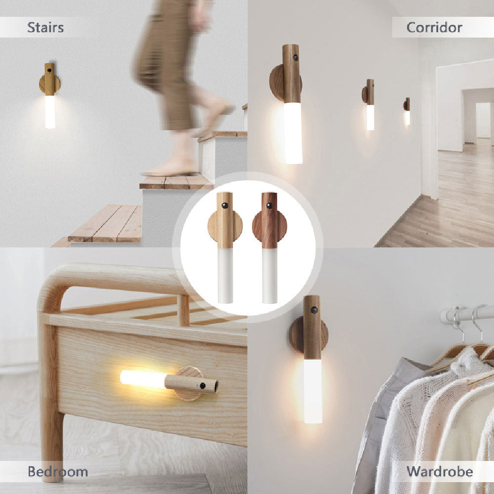 Auto Motion Sensor LED Night Light – Magnetic Wood Wireless Wall Lamp