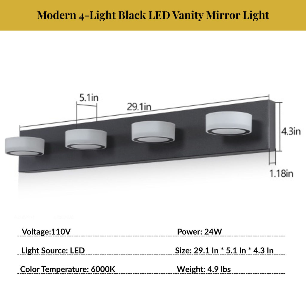 Modern 4-light black LED vanity mirror light with dimensions and specifications on a white background.