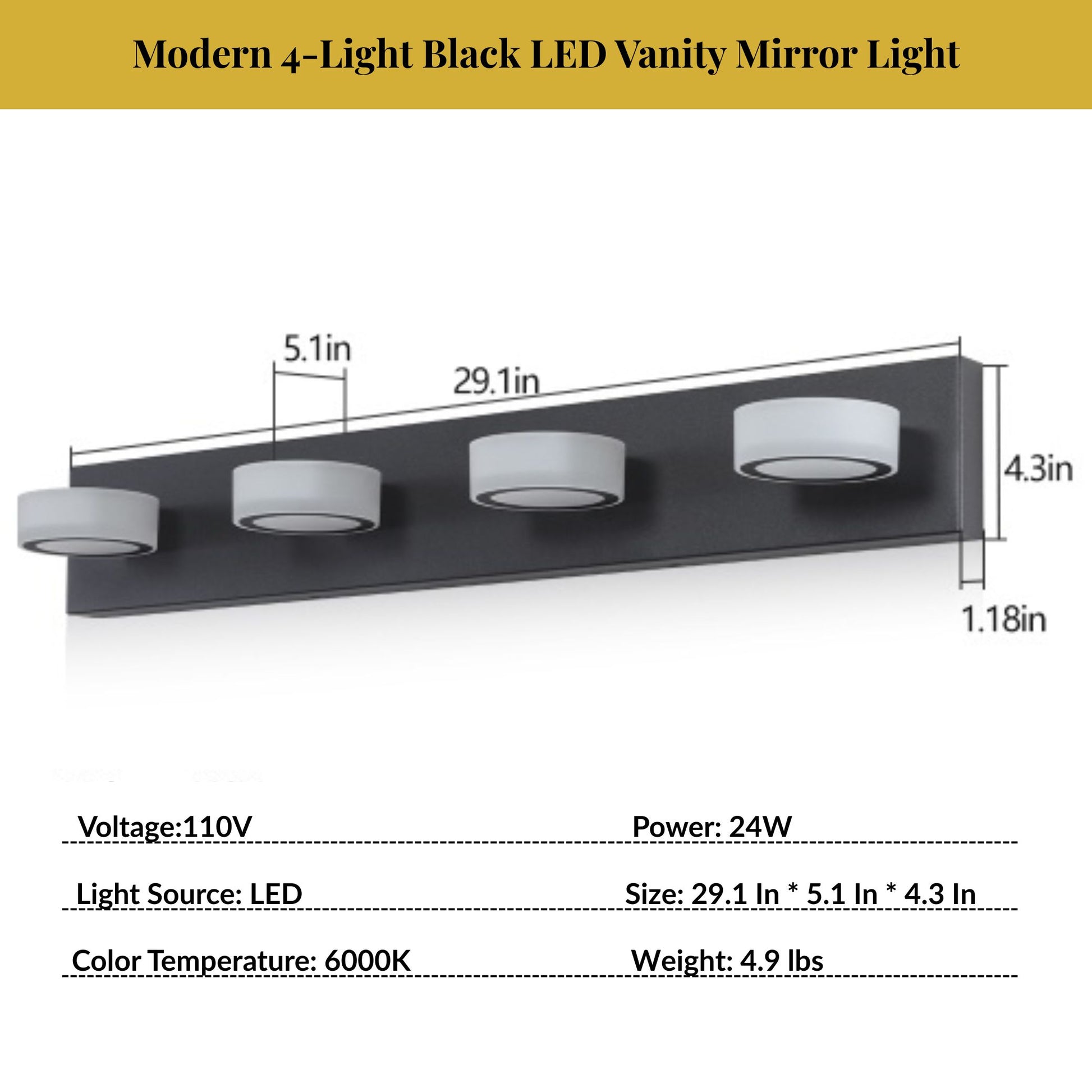 Modern 4-light black LED vanity mirror light with dimensions and specifications on a white background.