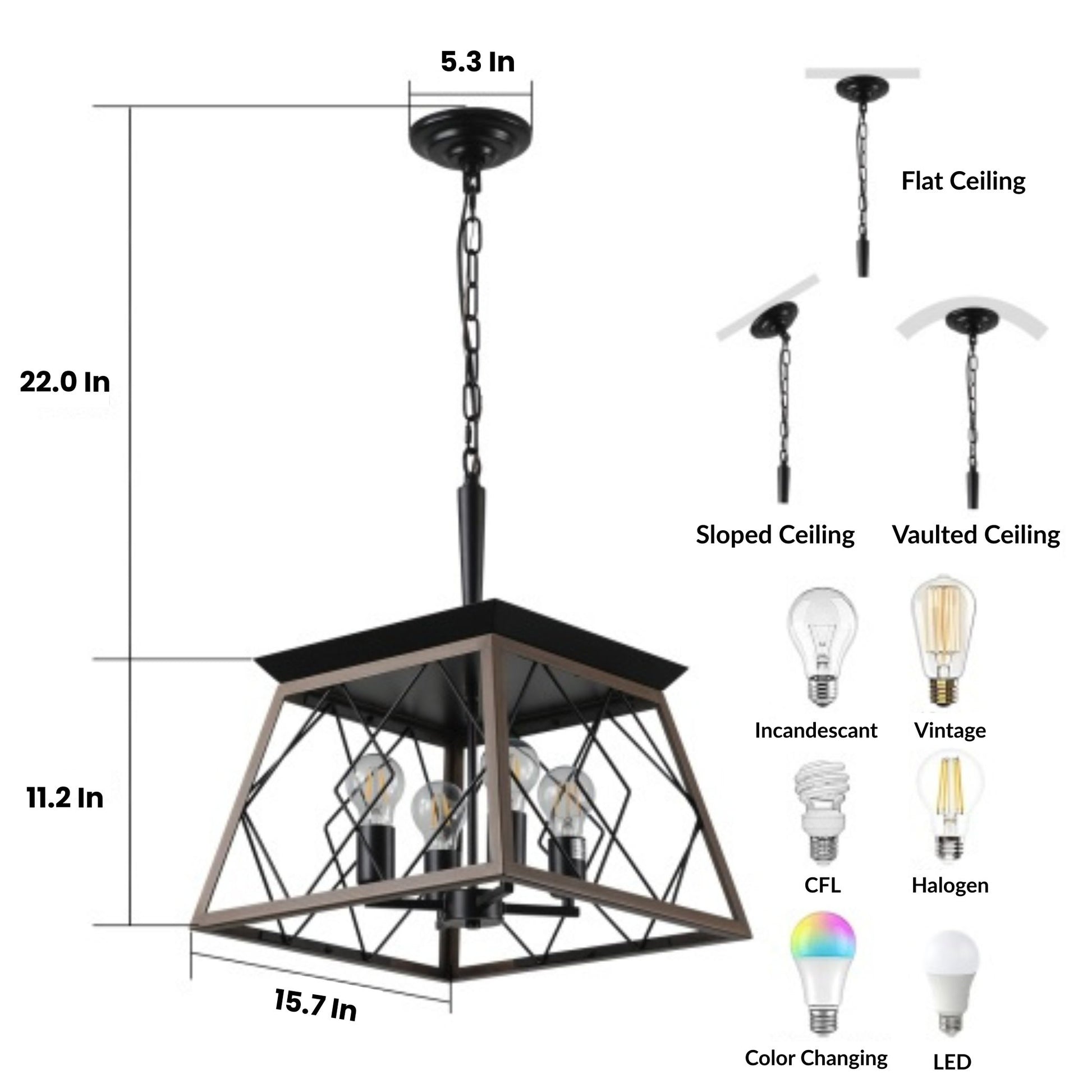 Chandelier with dimensions and bulb compatibility on a white background