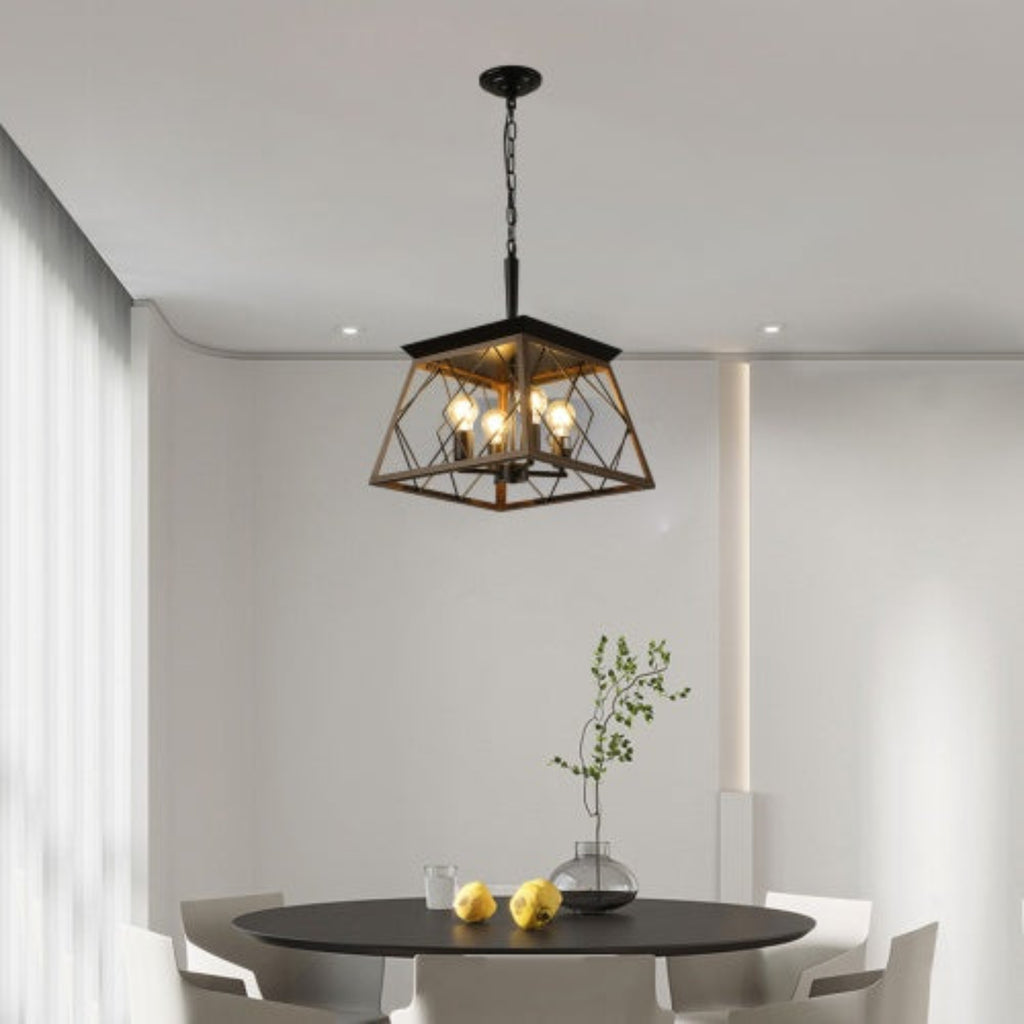 Modern dining room with a pendant light fixture above a round table.