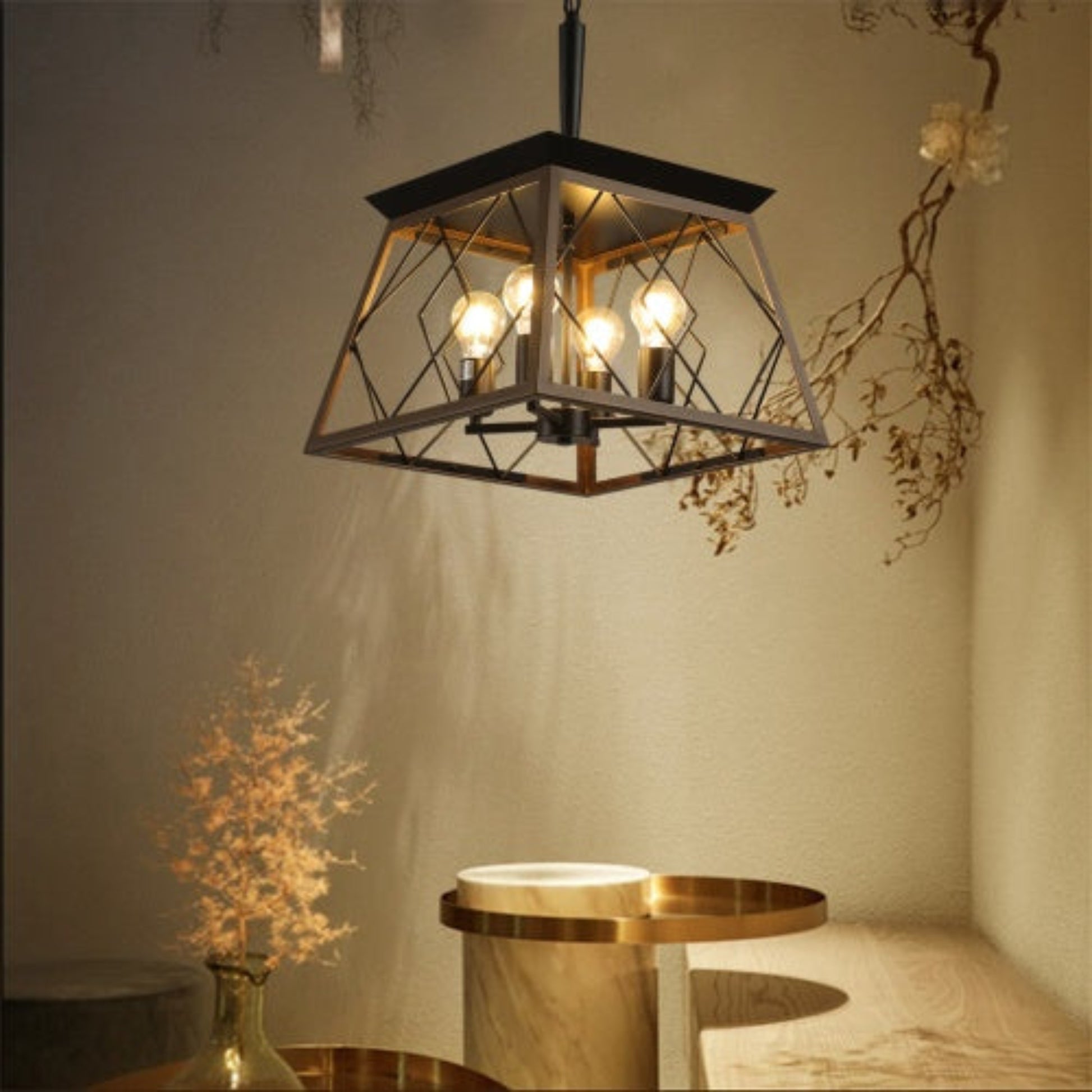 Decorative pendant light fixture in a room with a neutral wall and small table.