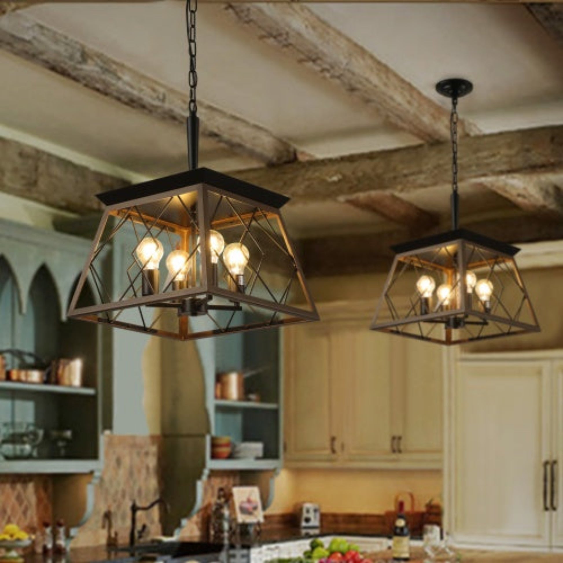 Two pendant lights hanging in a kitchen with wooden beams.
