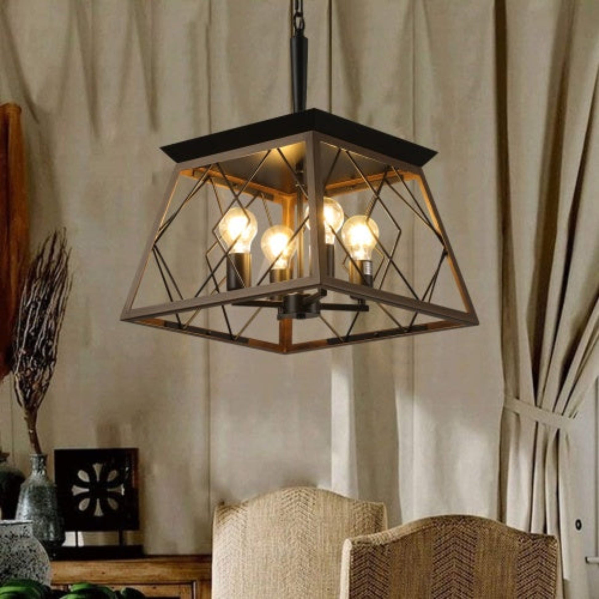 Decorative pendant light hanging in a room with a neutral background