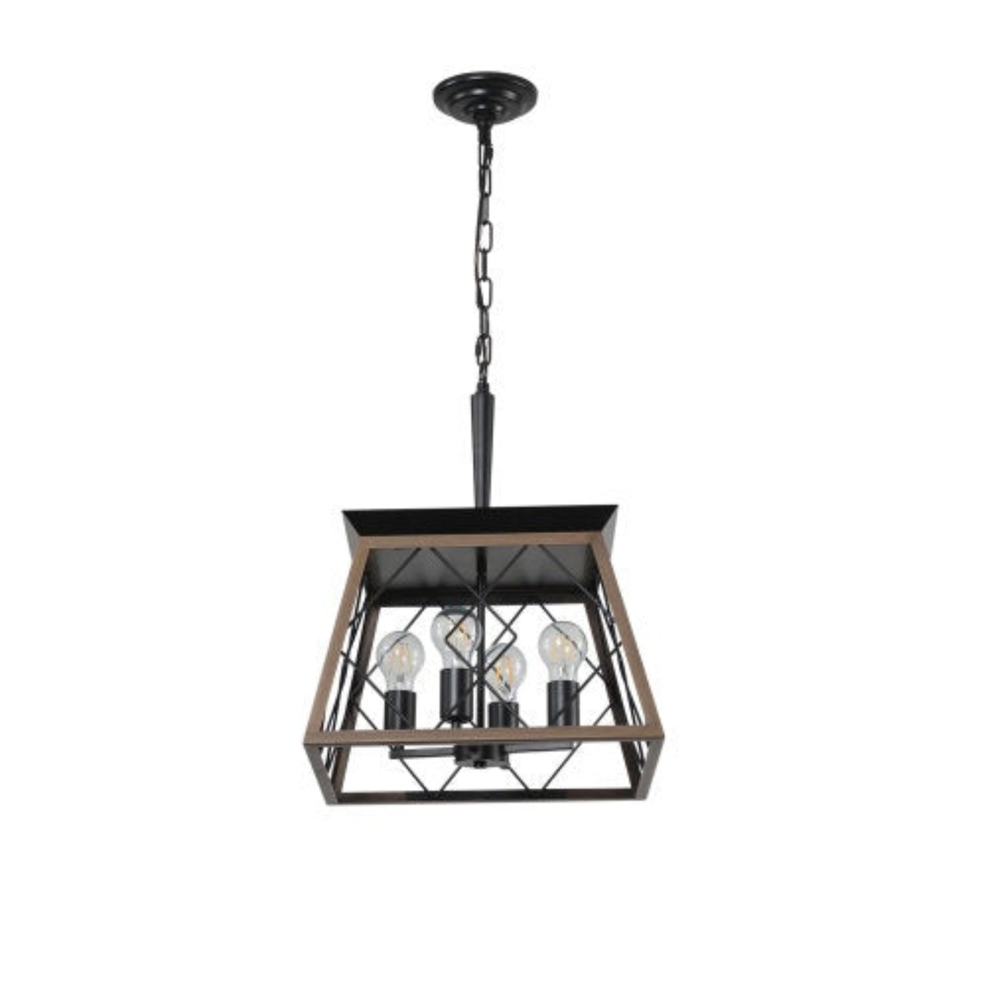 Black pendant light fixture with four bulbs on a white background