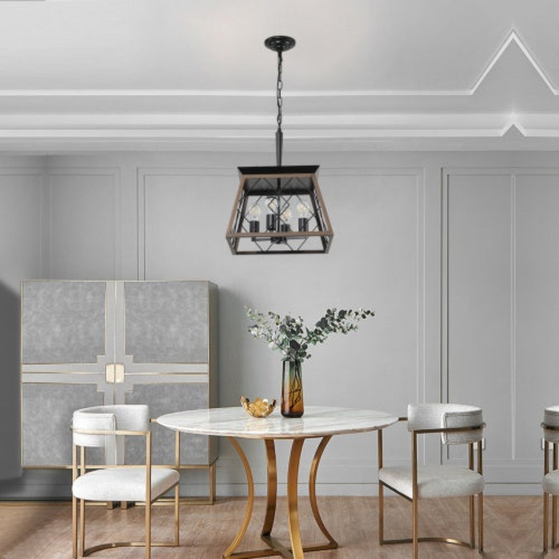 Modern dining room with marble table, gold legs, and white chairs.