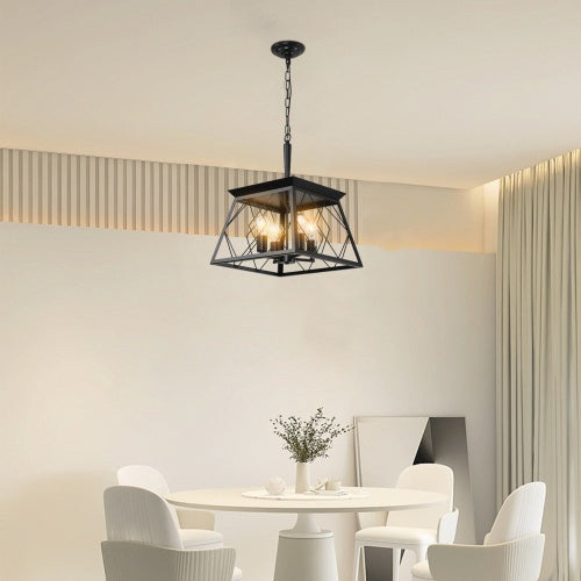 Modern dining room with a black pendant light fixture.