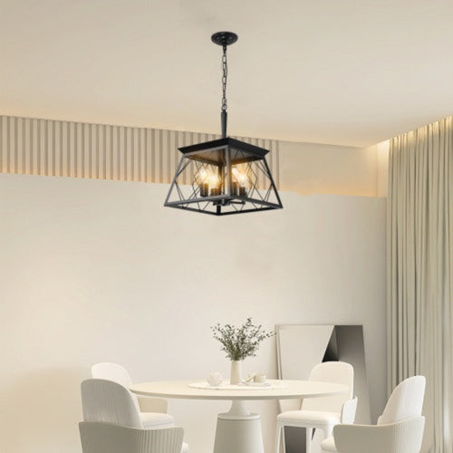 Modern dining room with a black pendant light fixture.