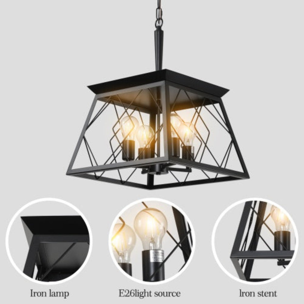 Black metal pendant light with detailed design on a gray background