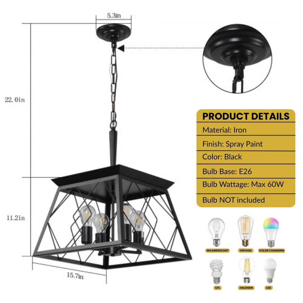 Black pendant light with dimensions and product details on a white background