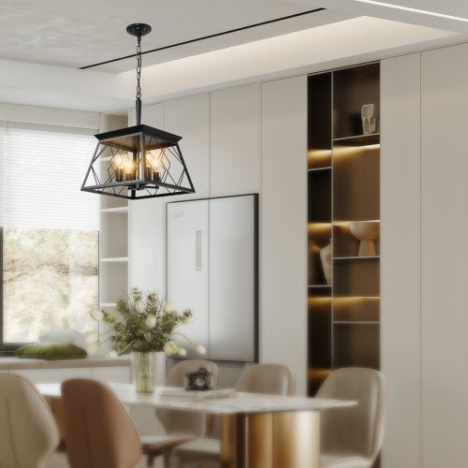 Modern dining room with a pendant light fixture, table, chairs, and decorative elements.