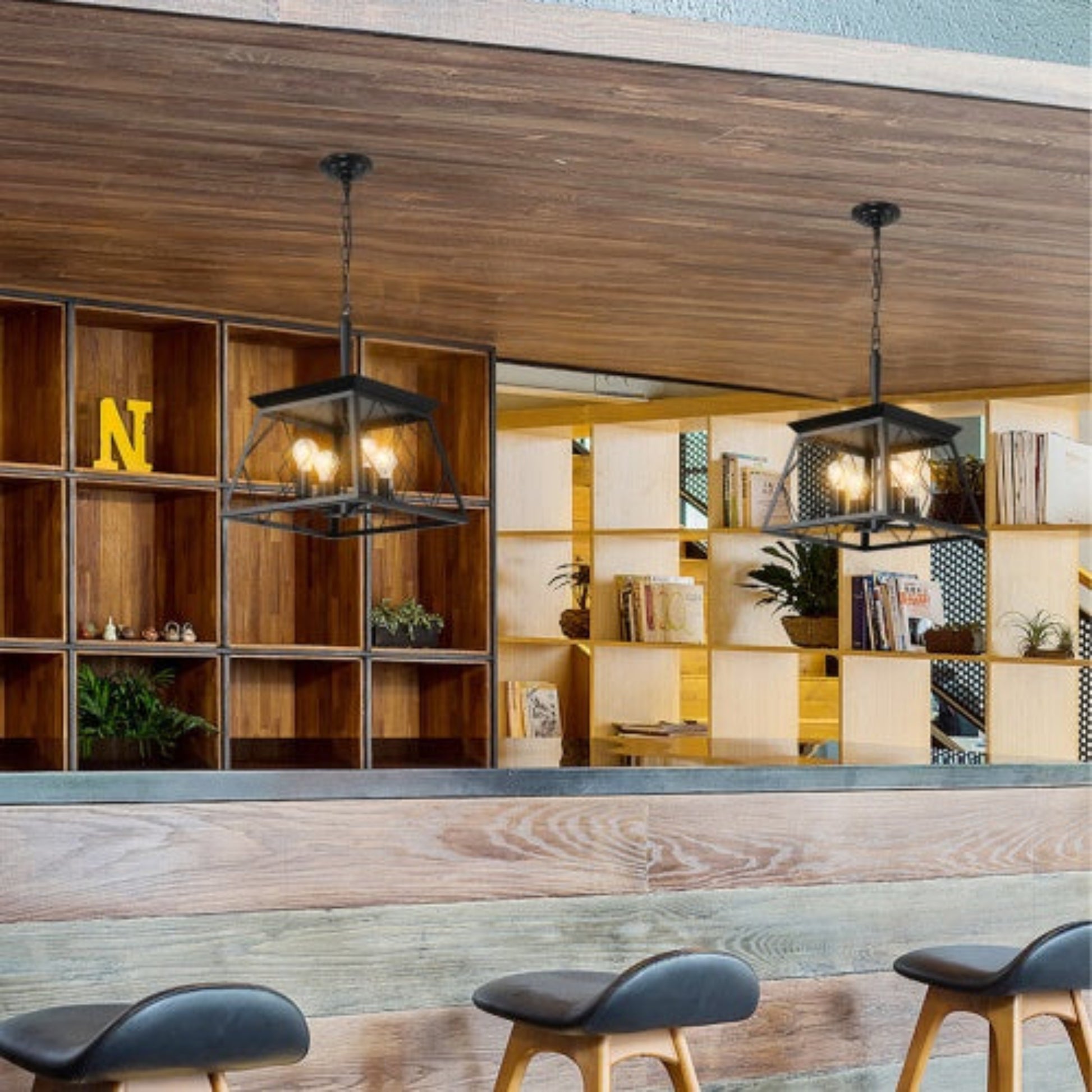 Modern interior design with wooden shelves, pendant lights, and stools.