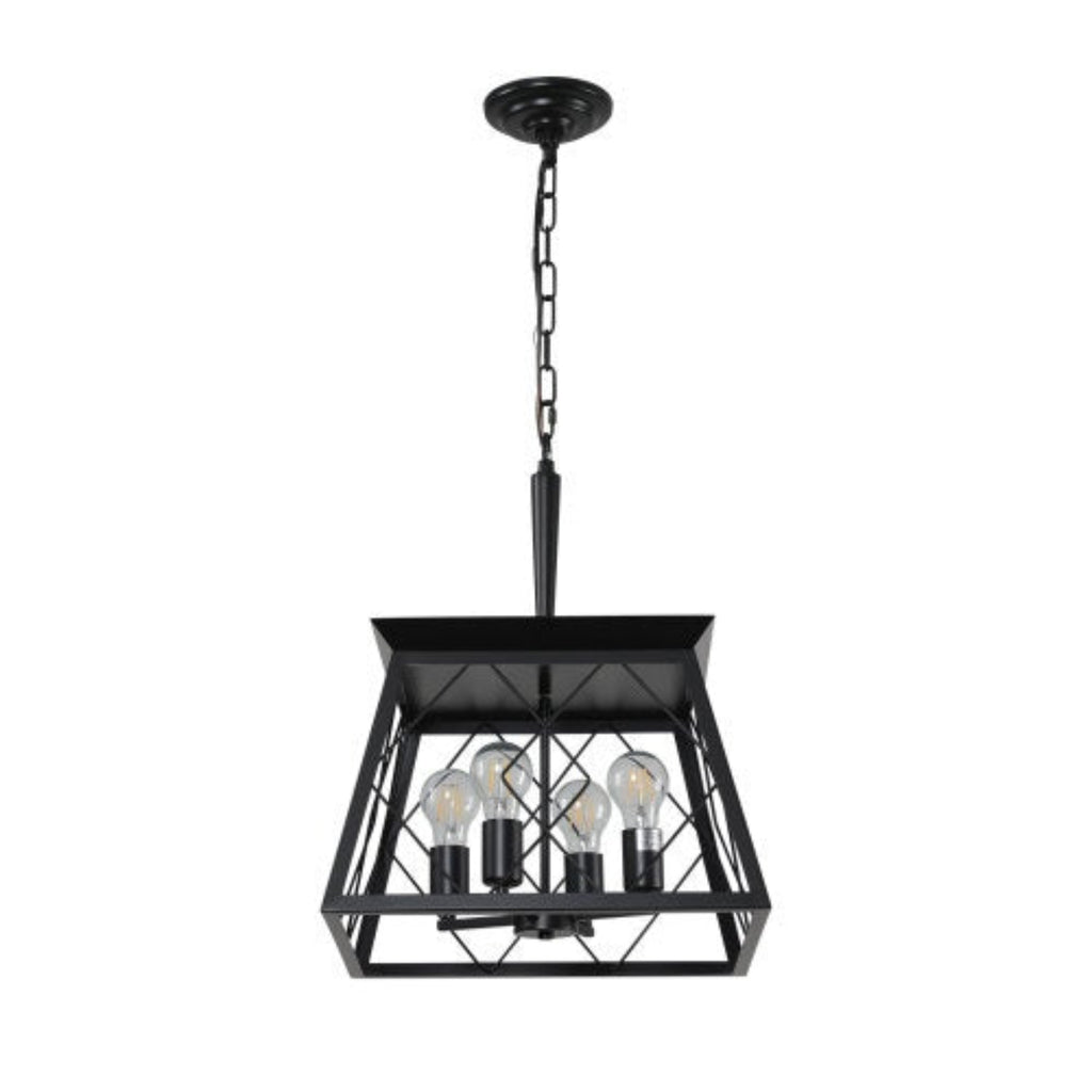 Black pendant light with four exposed bulbs on a white background