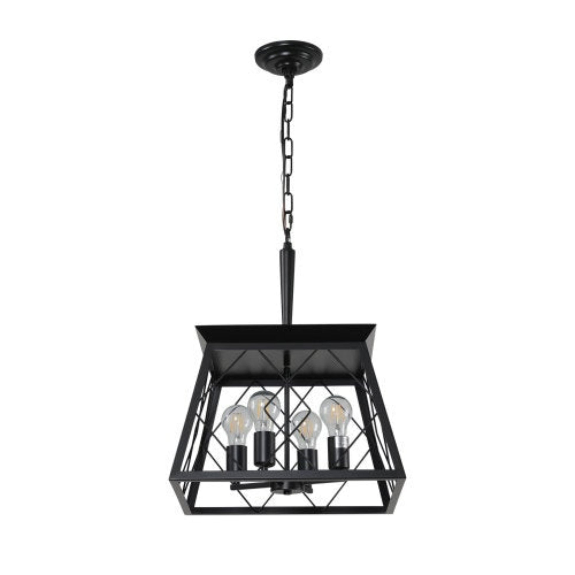 Black pendant light with four exposed bulbs on a white background