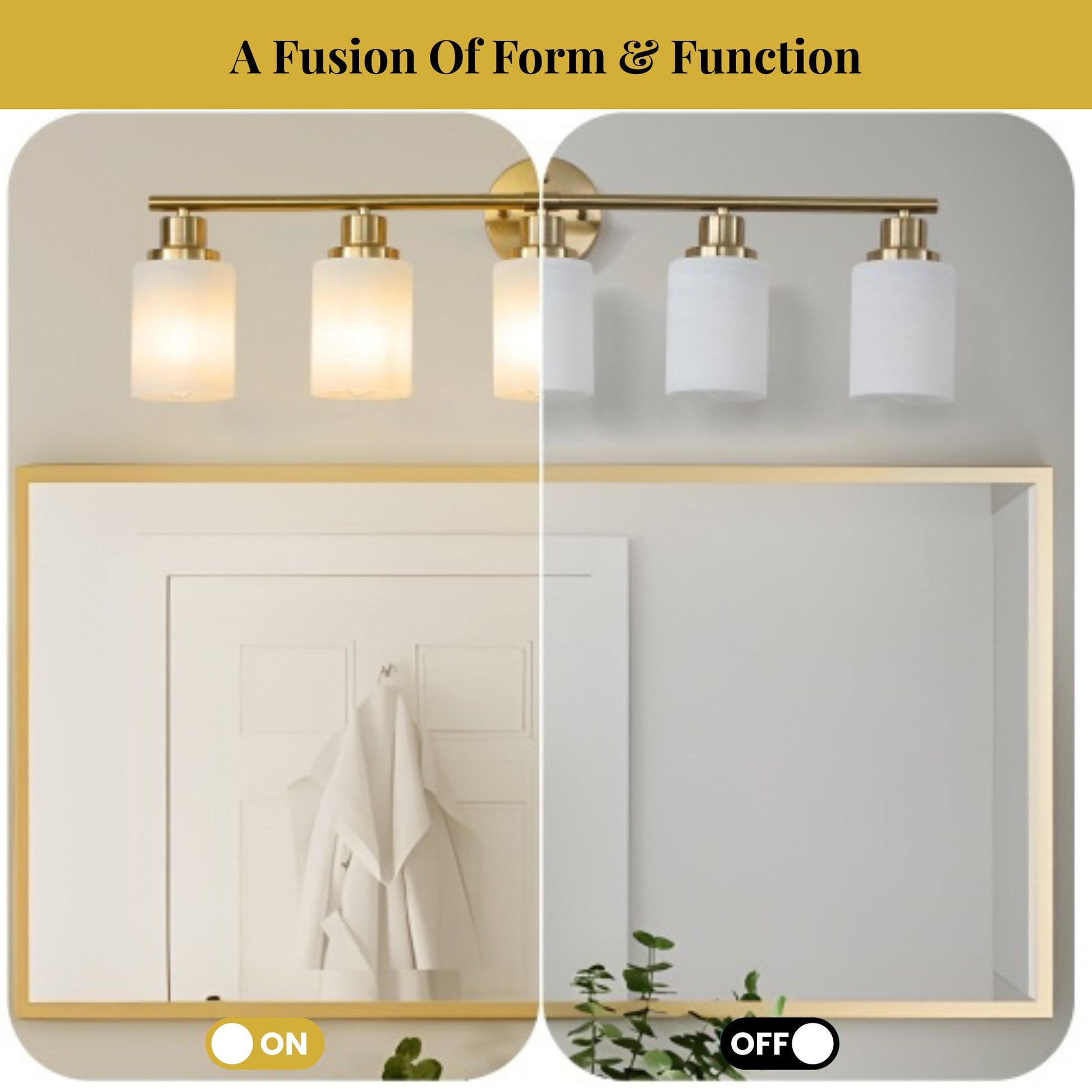 Bathroom vanity mirror with light fixture on a yellow background