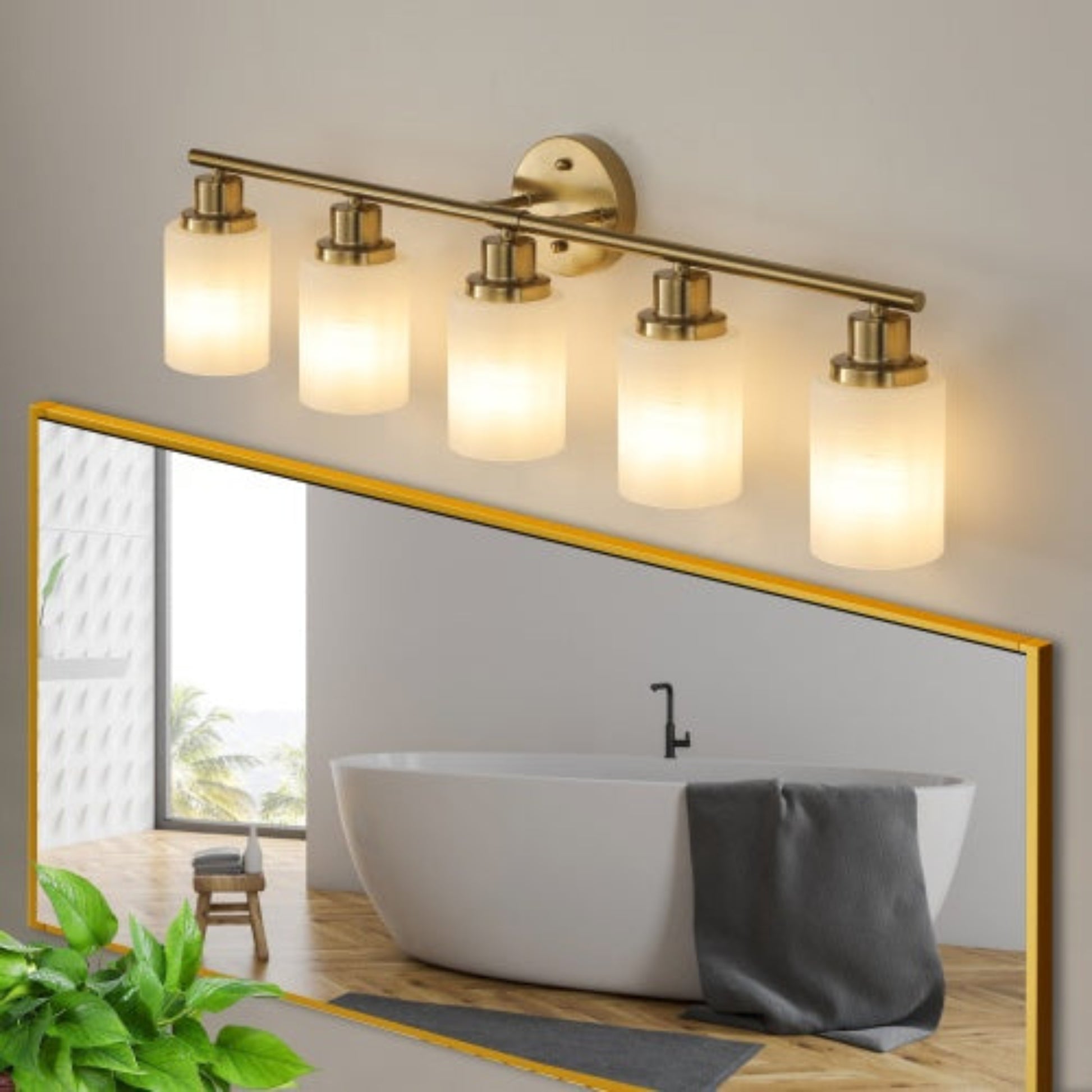 Bathroom setup with a mirror, bathtub, and wall-mounted light fixture.