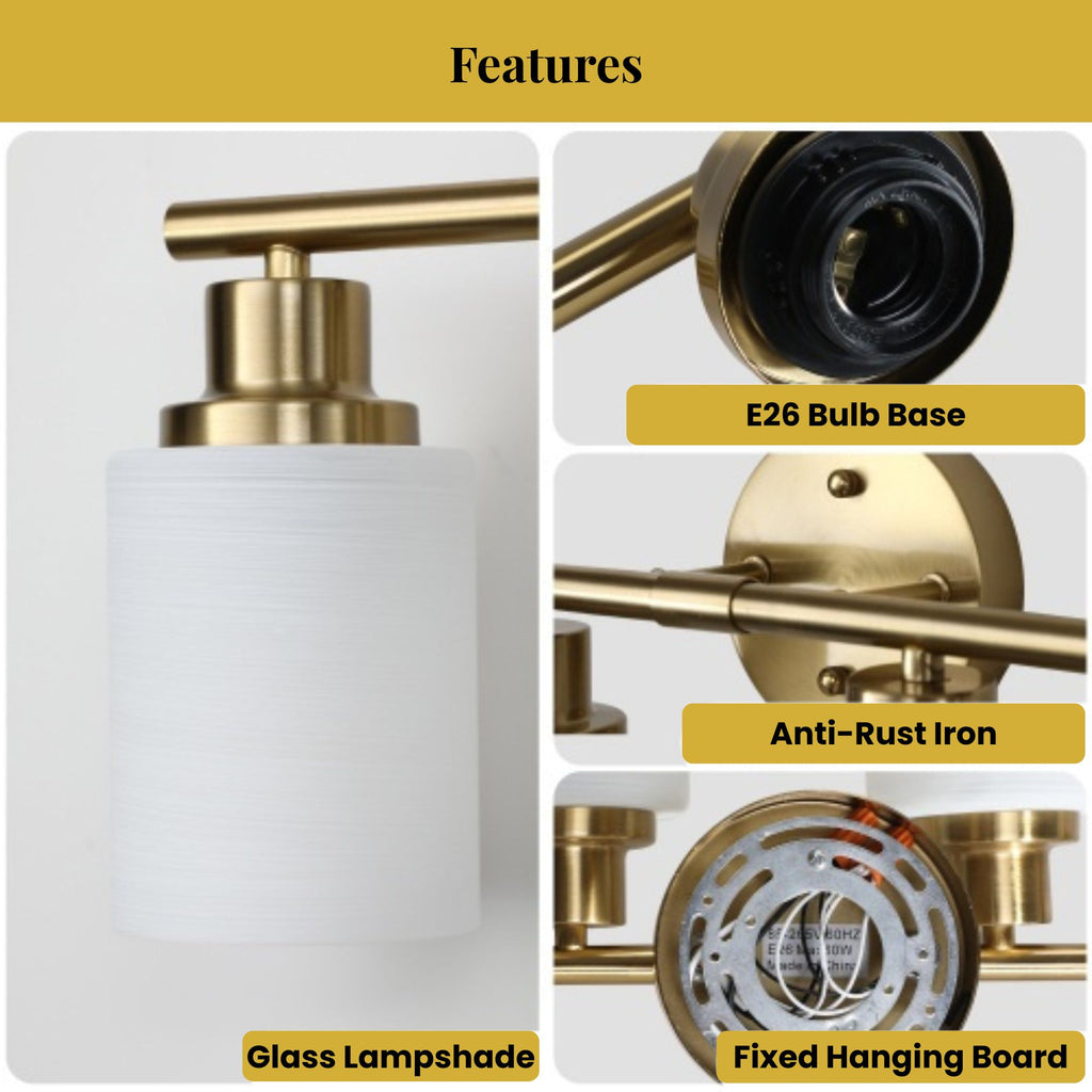 Light fixture features including E26 bulb base, anti-rust iron, glass lampshade, and fixed hanging board on a yellow background.