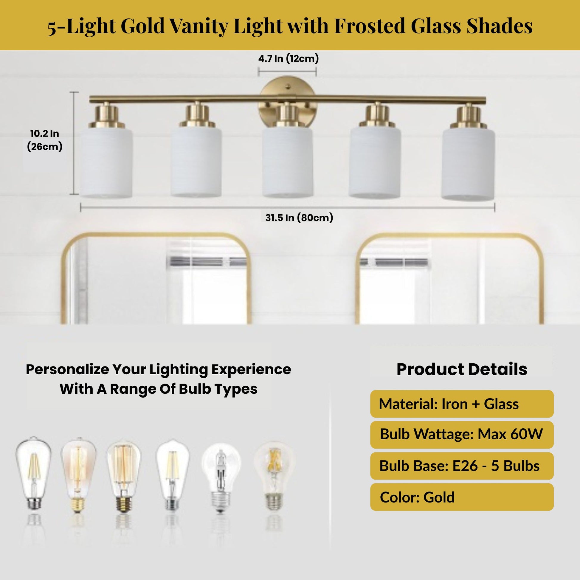 5-light gold vanity light with frosted glass shades and product details on a white background.