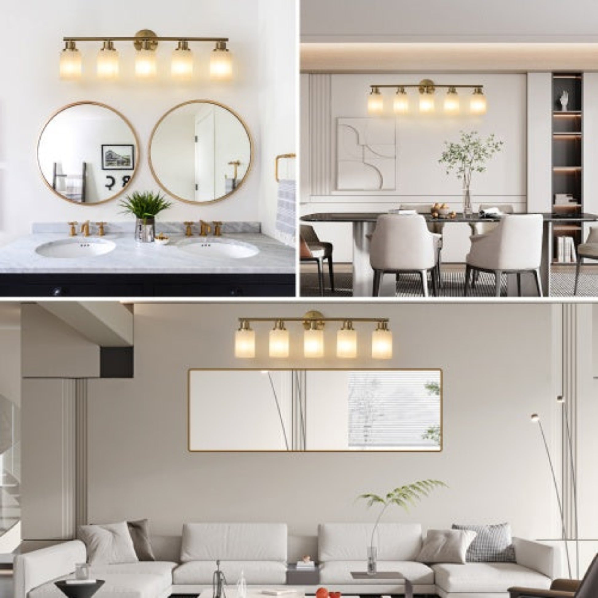 Collage of interior design elements including lighting fixtures, mirrors, and furniture.
