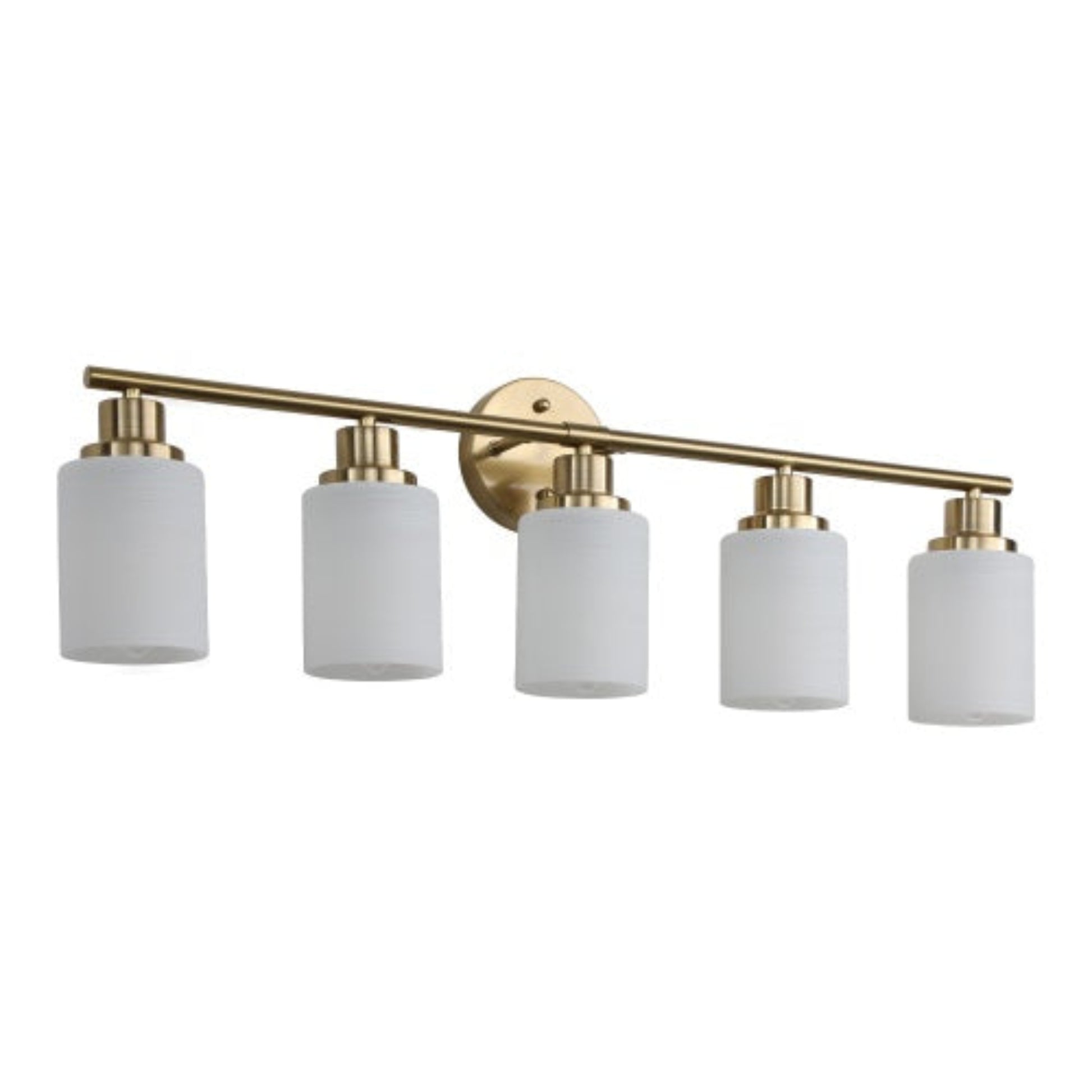 Wall-mounted light fixture with five cylindrical white shades and gold accents on a white background