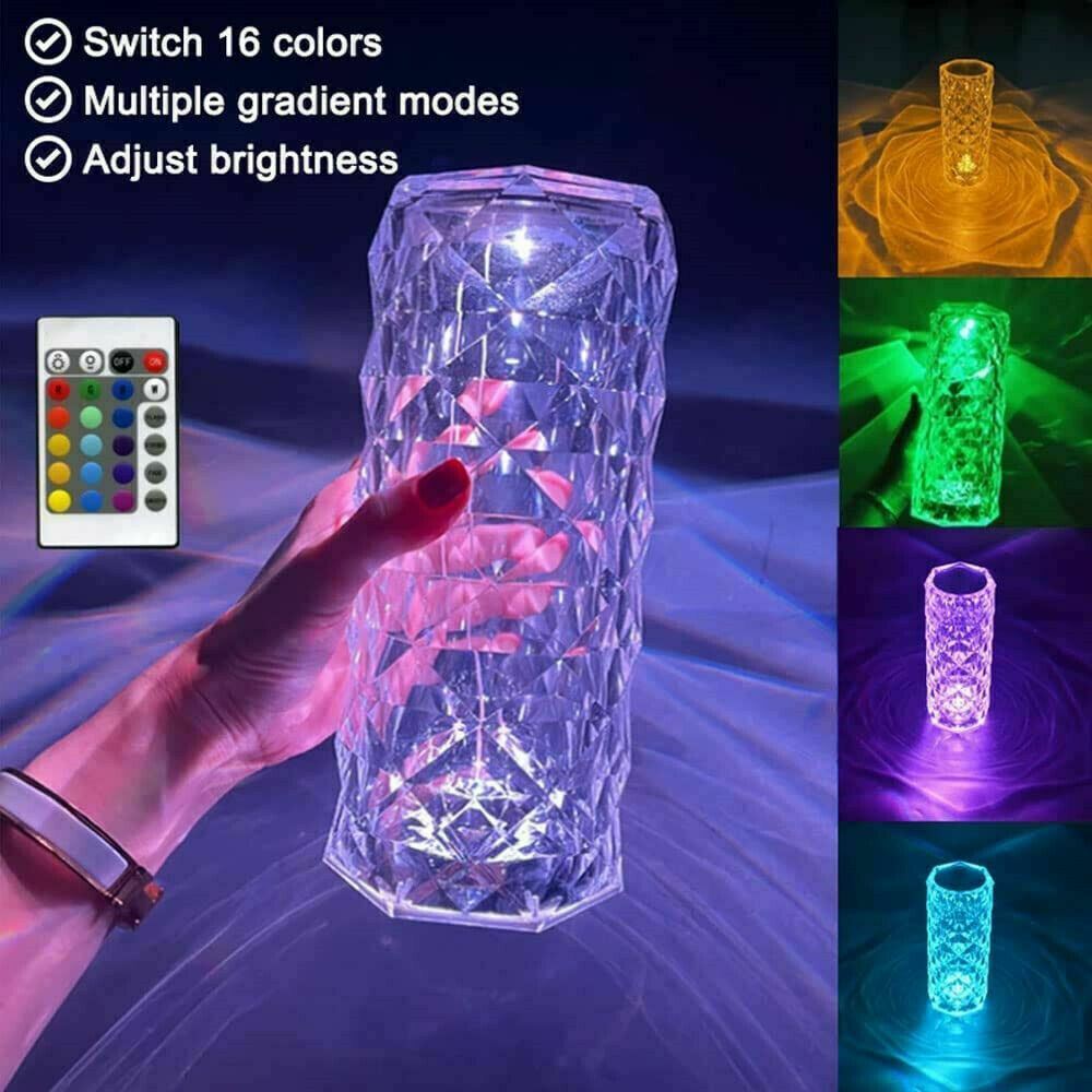 LED Crystal Table Lamp – 16-Color Rose Light with Touch & Remote Control