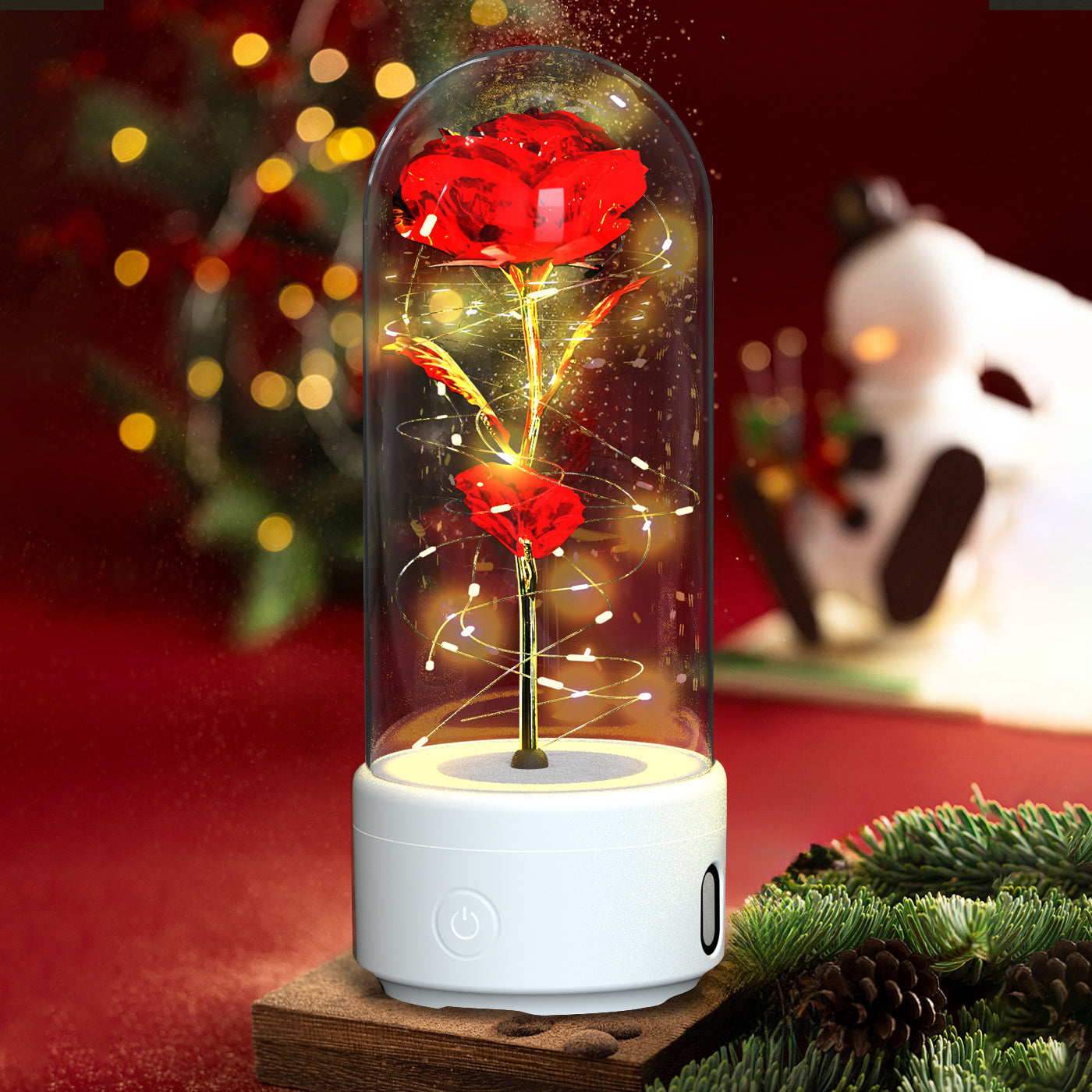 2-in-1 Rose Glass LED Light with Bluetooth Speaker – Romantic Flower Night Light Gift