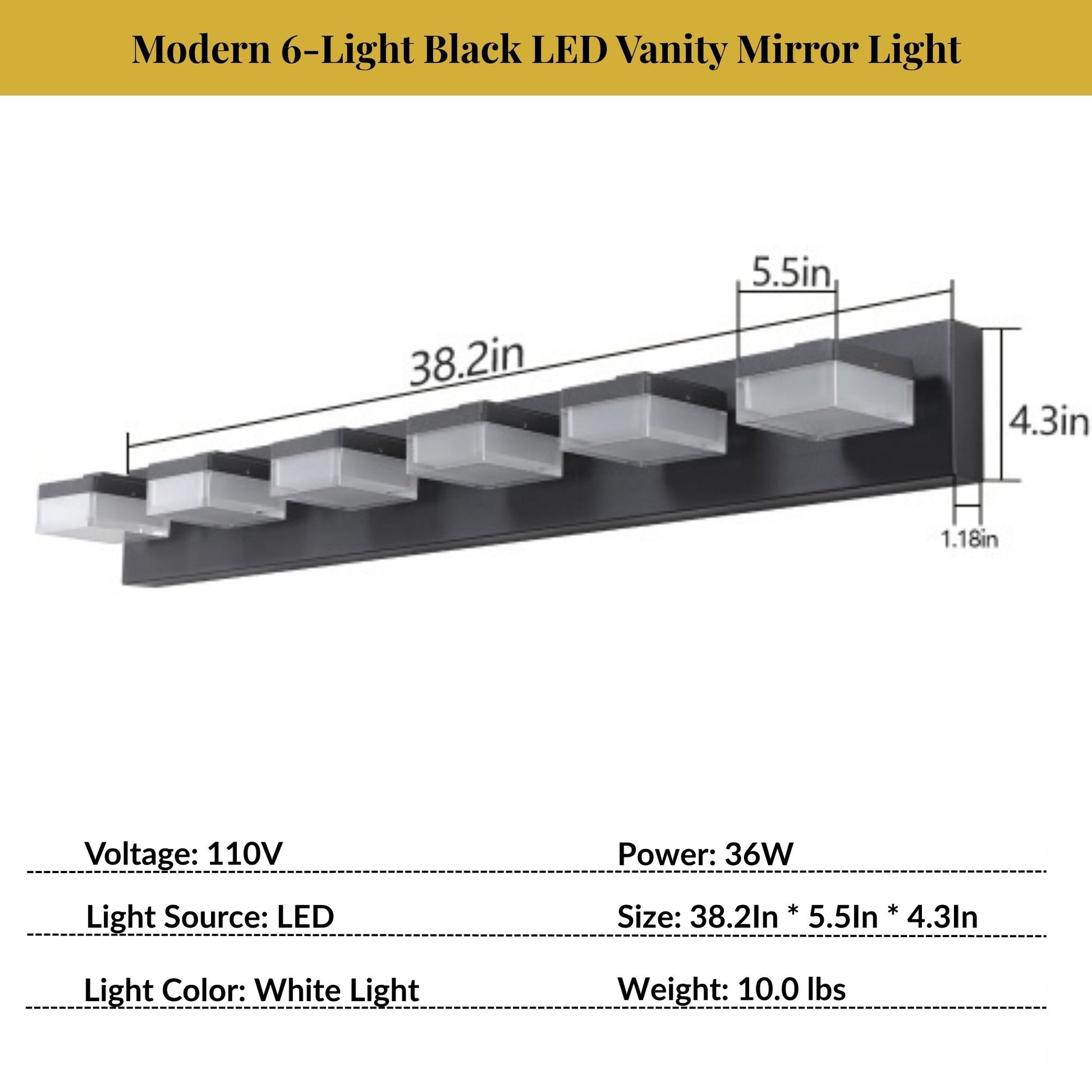 Modern 6-light black LED vanity mirror light with dimensions and specifications.