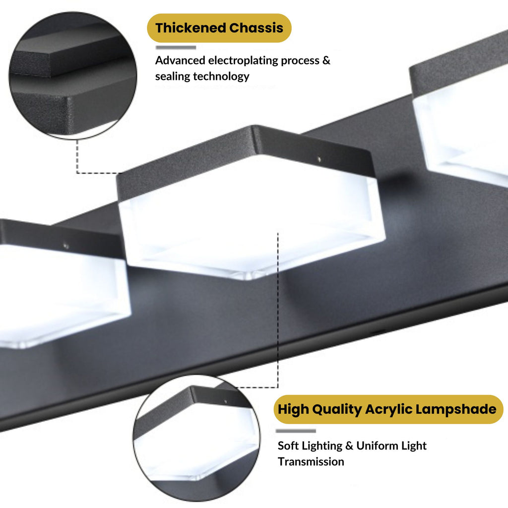Ceiling light fixture with thickened chassis and high-quality acrylic lampshade, featuring text on material and quality.