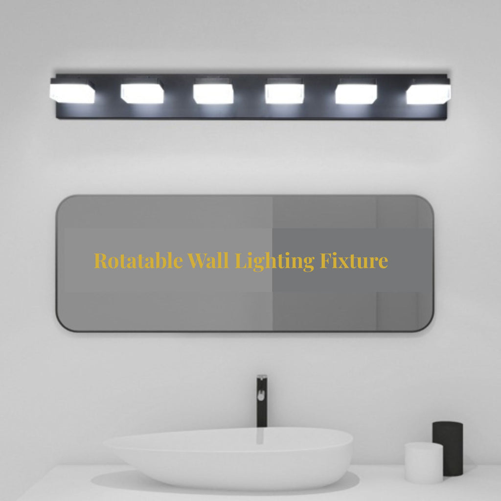 Rotatable wall lighting fixture above a mirror in a bathroom setting.