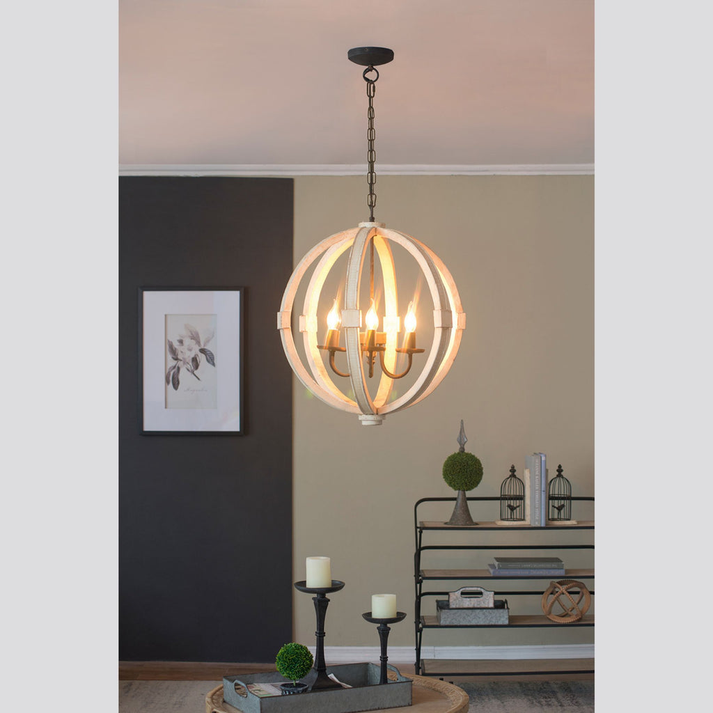 6-Light White Wood Chandelier – Rustic Farmhouse Pendant Light
