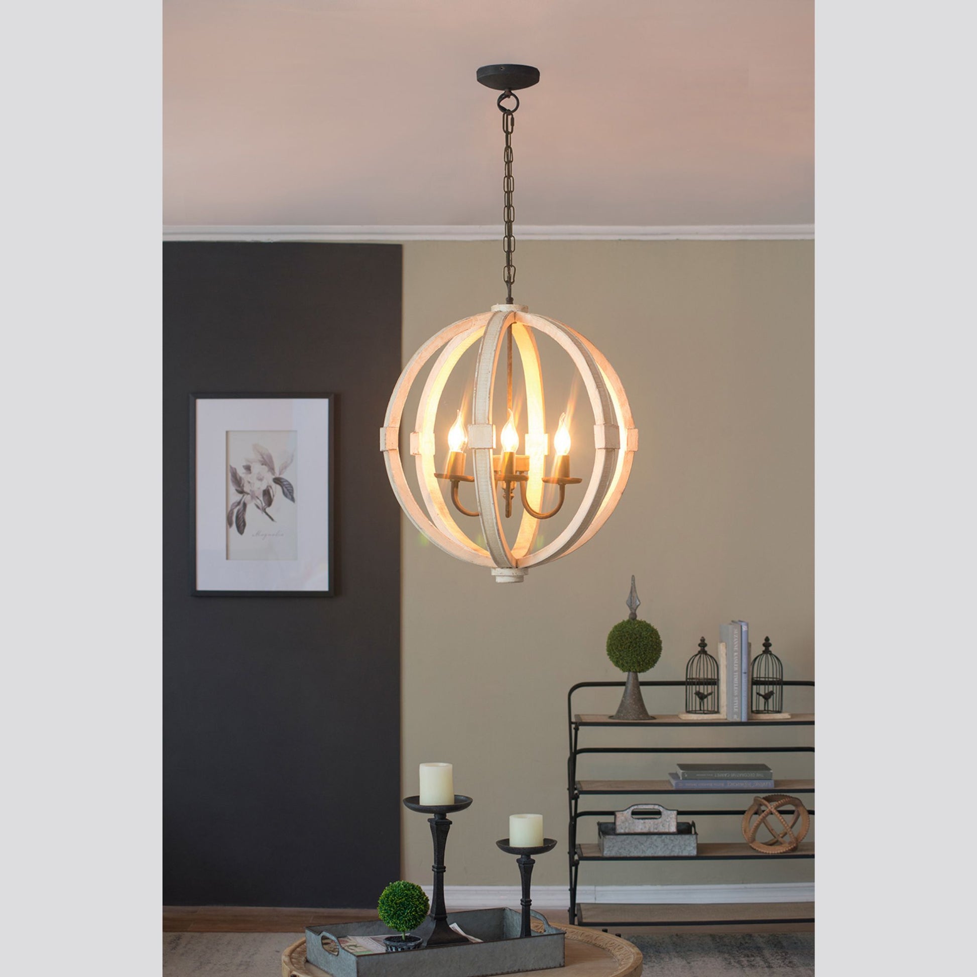 6-Light White Wood Chandelier – Rustic Farmhouse Pendant Light