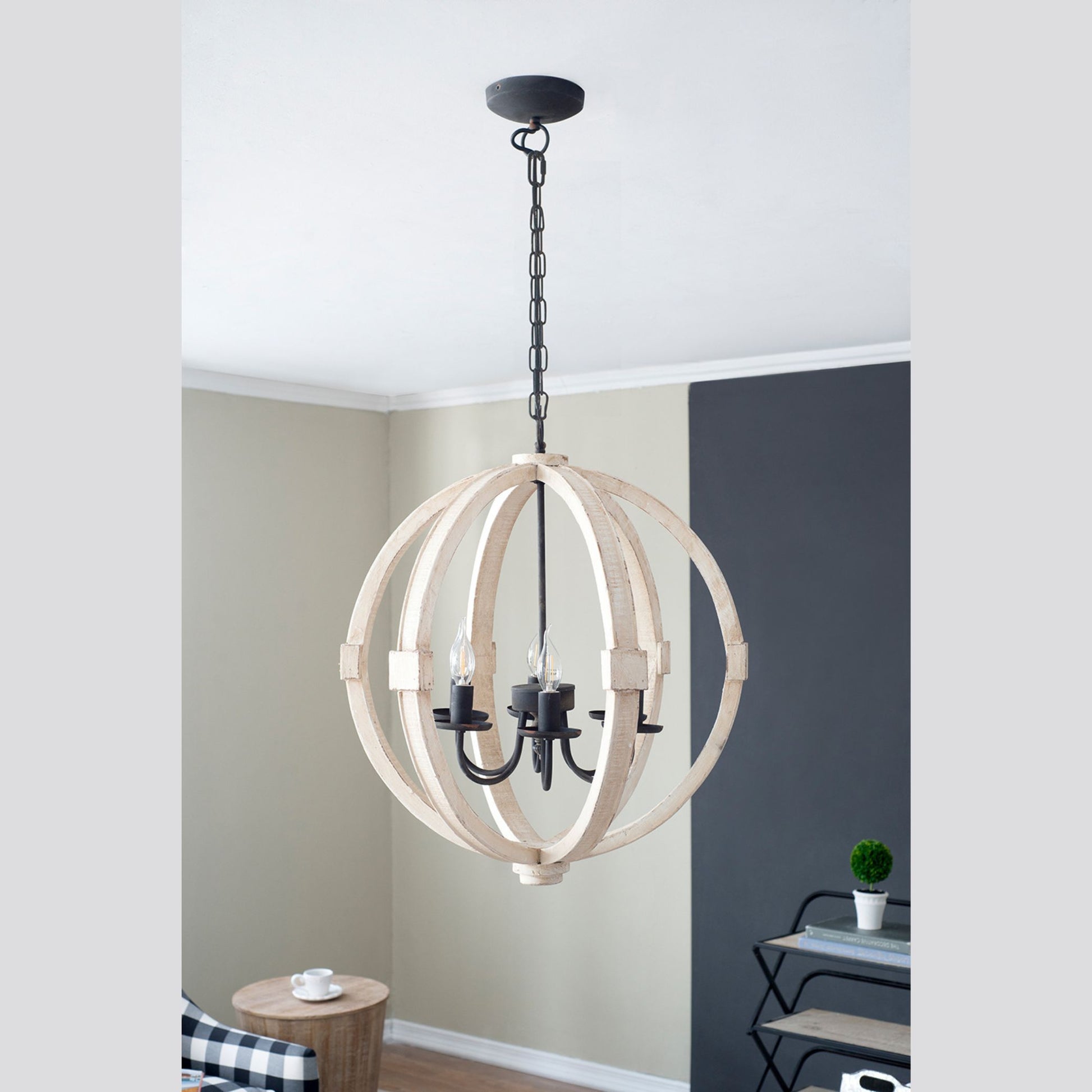 6-Light White Wood Chandelier – Rustic Farmhouse Pendant Light