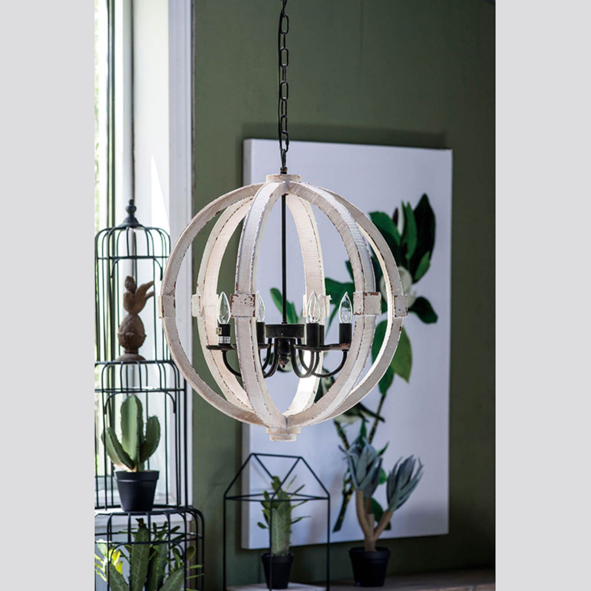 6-Light White Wood Chandelier – Rustic Farmhouse Pendant Light