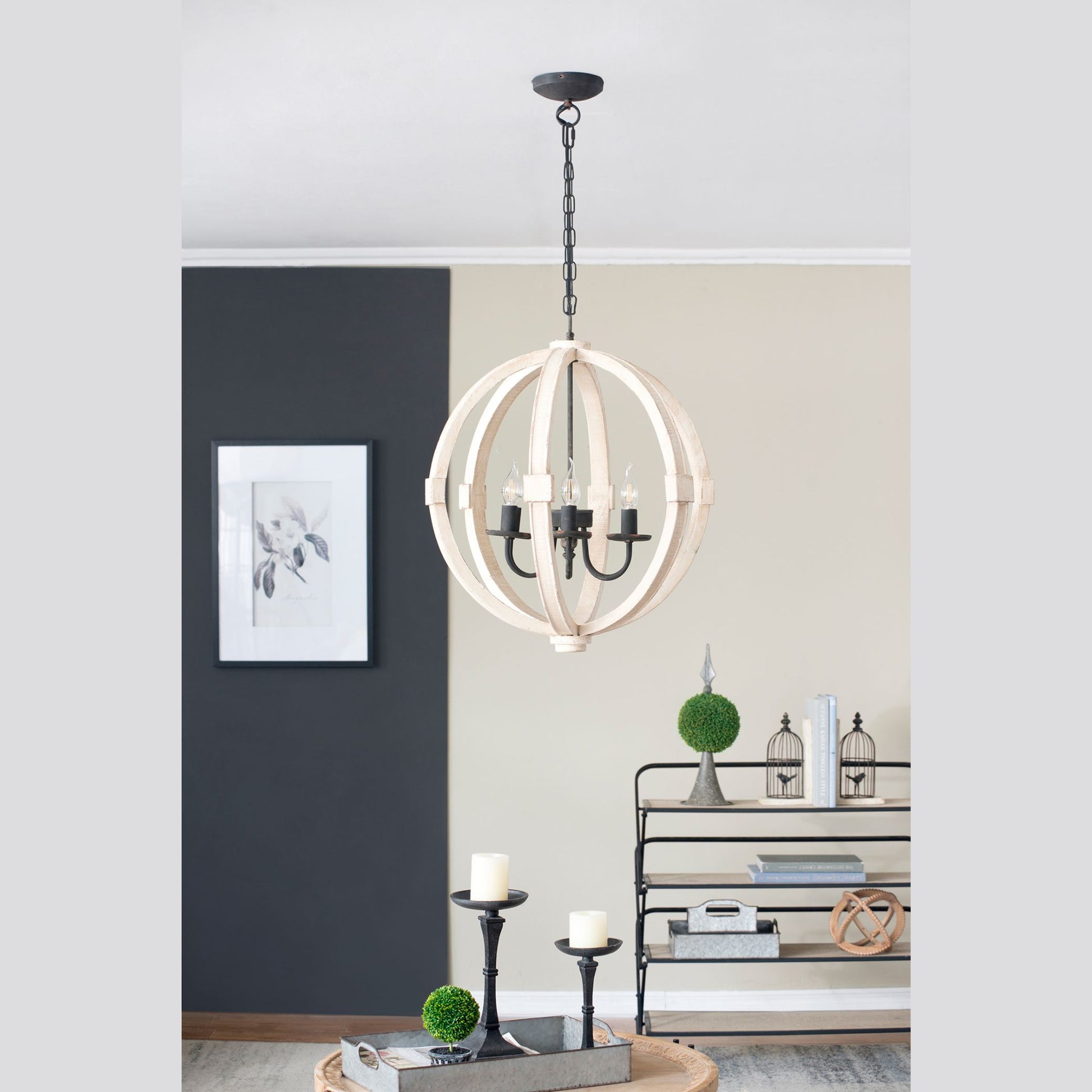 6-Light White Wood Chandelier – Rustic Farmhouse Pendant Light