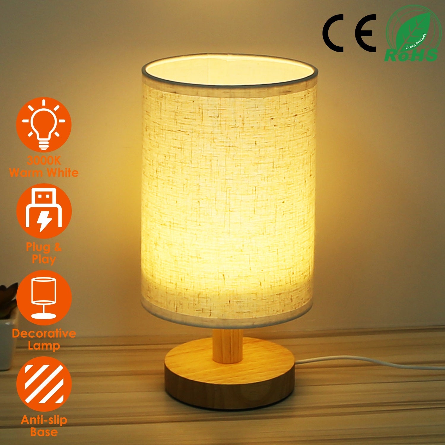 Warm White USB Bedside Lamp – Modern Bamboo & Cloth Desk Light