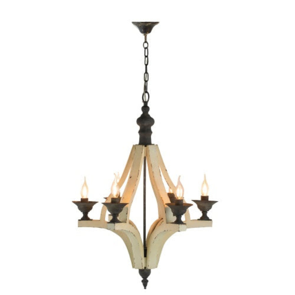 Chandelier with four candle-style lights on a white background