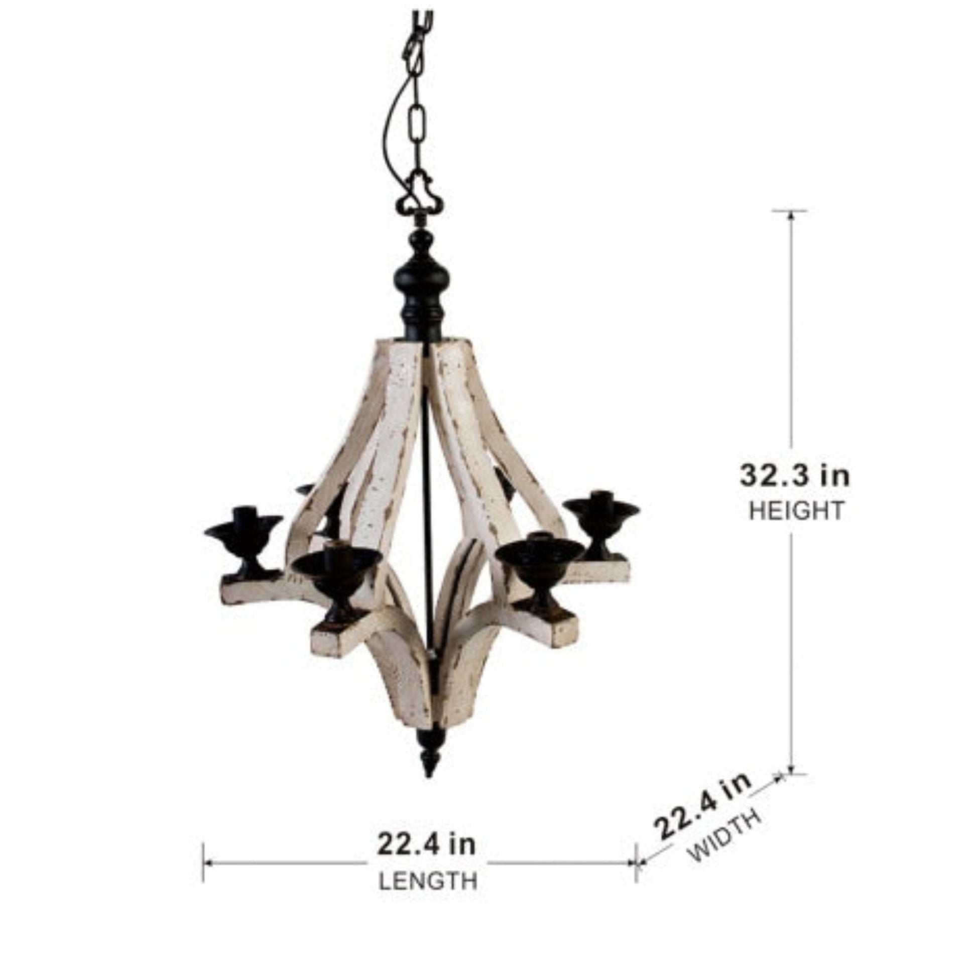 Decorative chandelier with dimensions on a white background