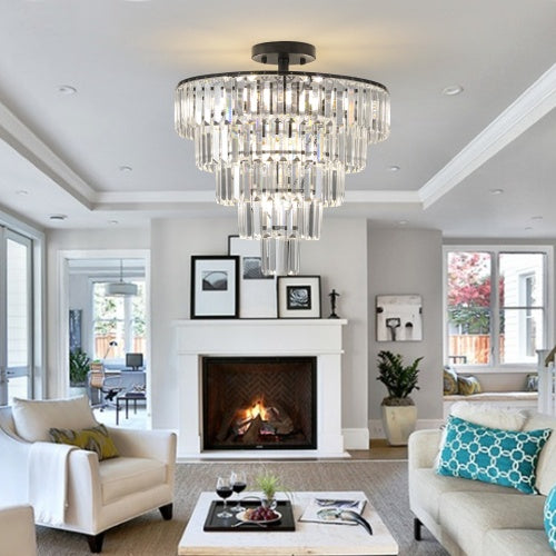 Large Black Crystal Chandelier – 5-Tier Modern Luxury Lighting Fixture