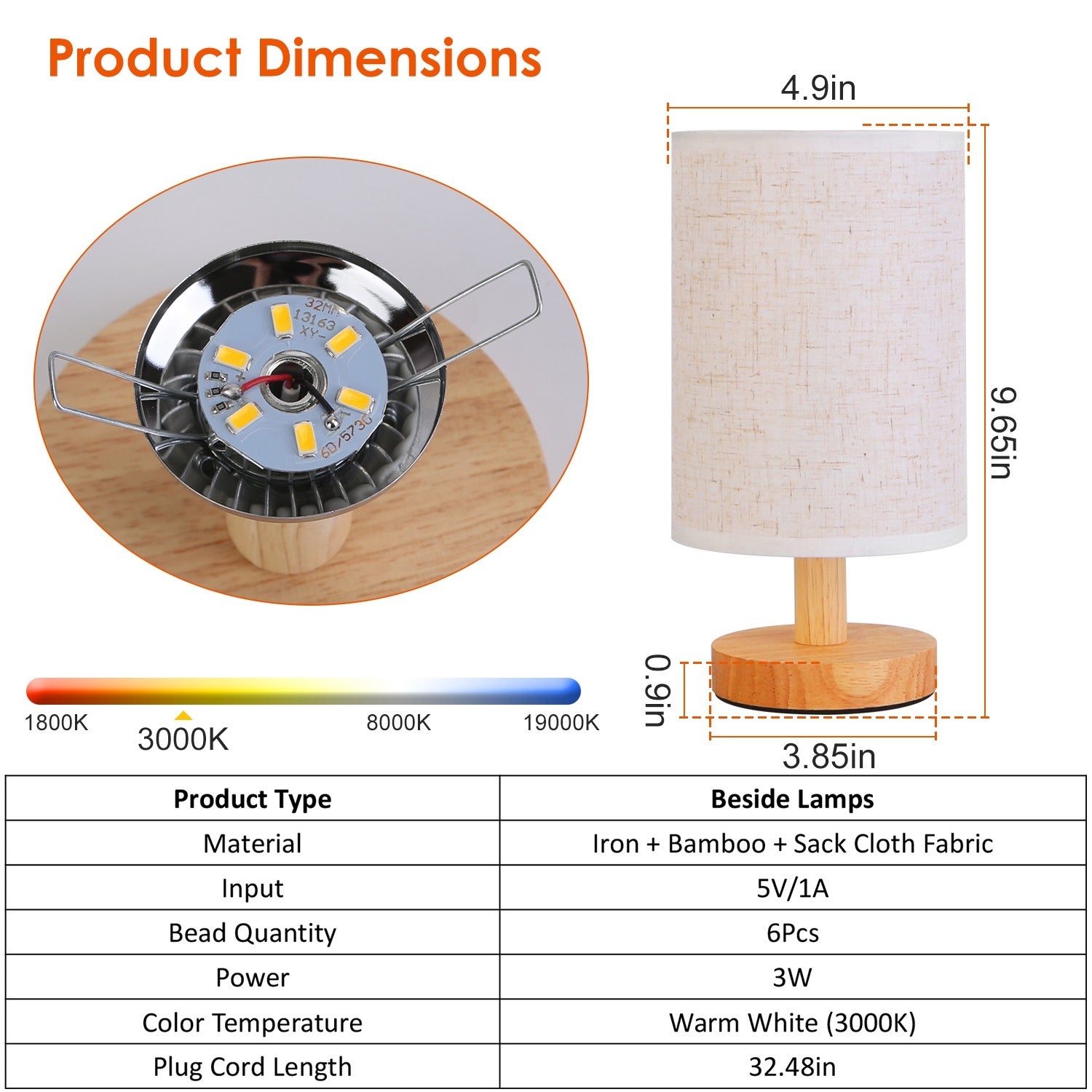 Warm White USB Bedside Lamp – Modern Bamboo & Cloth Desk Light