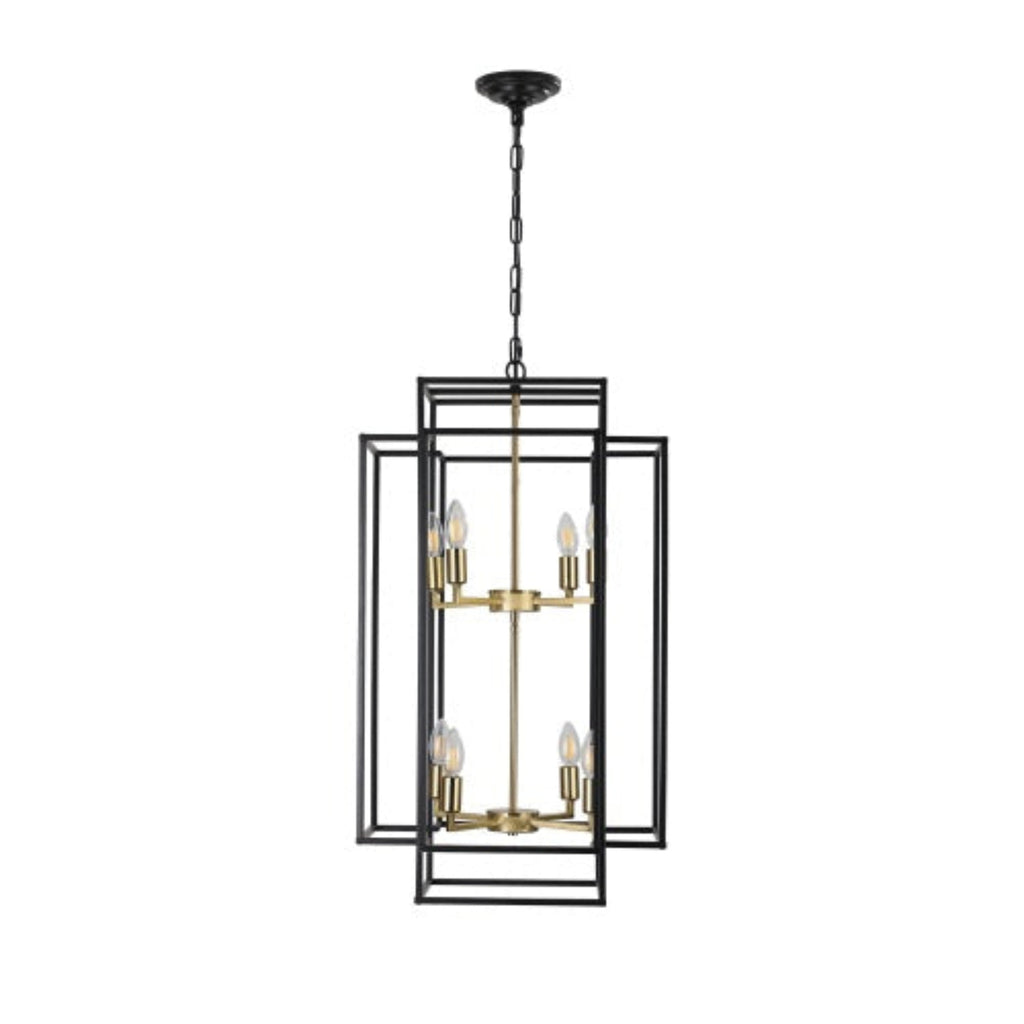 Black and gold pendant light fixture on a white background