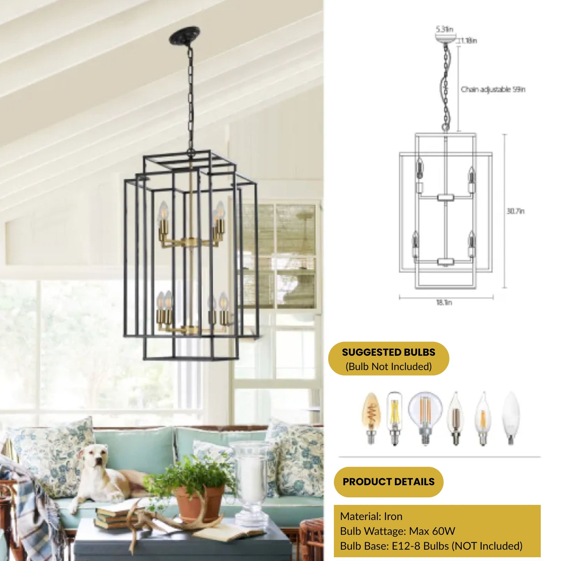Chandelier with product details and suggested bulbs displayed in a living room setting.