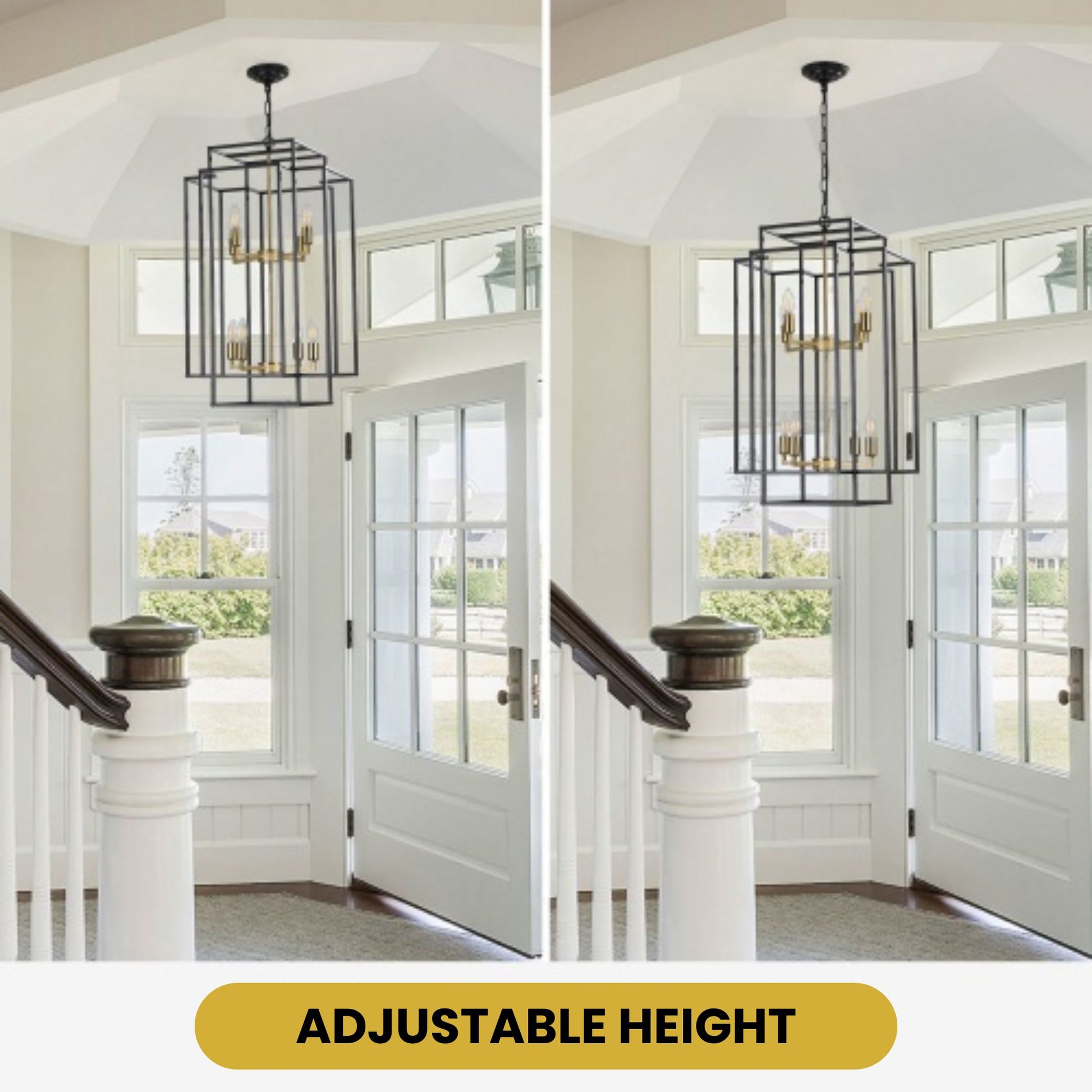 Chandelier in a home interior with adjustable height feature highlighted.