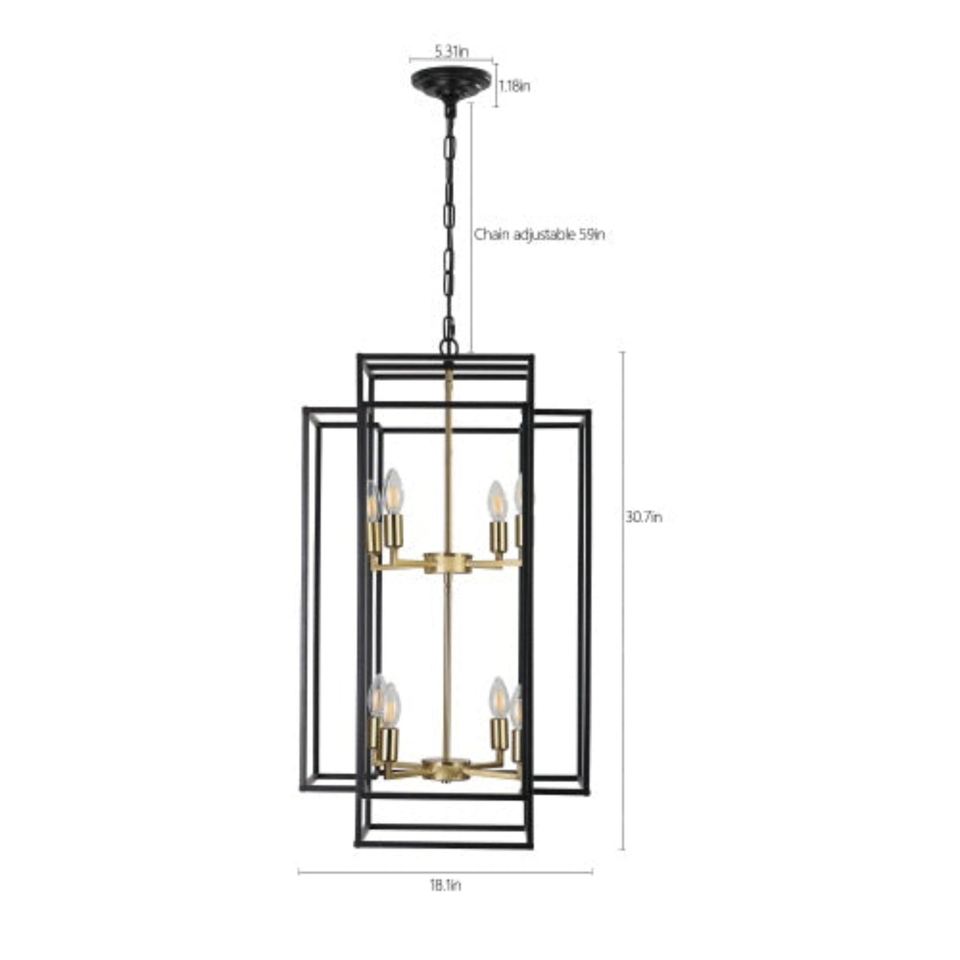 Pendant light fixture with dimensions on a white background