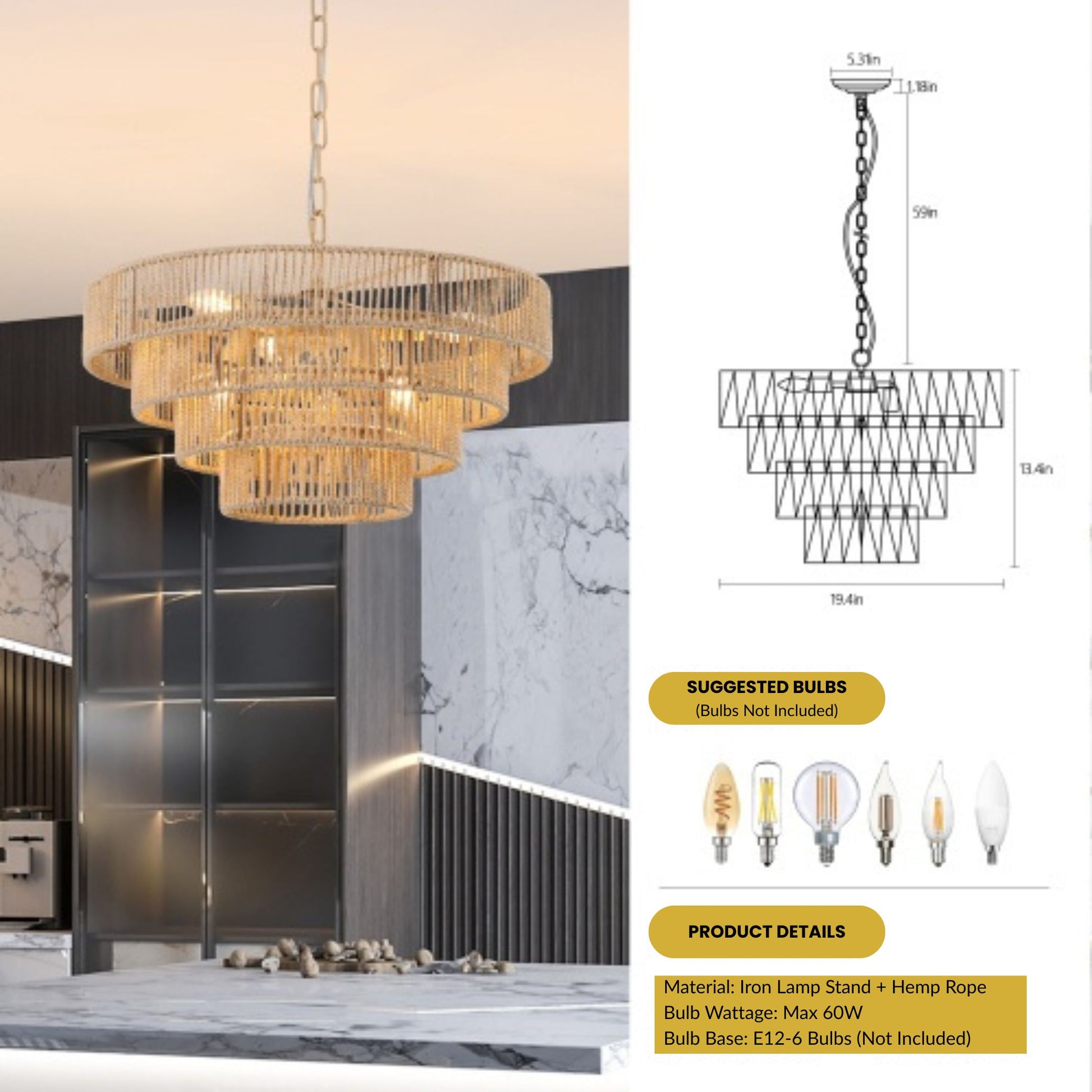 Chandelier with product details and bulb suggestions on a white background