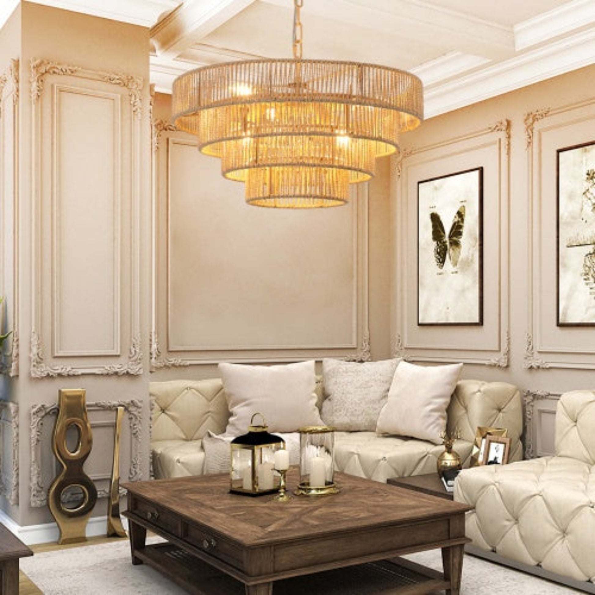 Luxurious living room with beige walls, gold chandelier, and decorative elements.