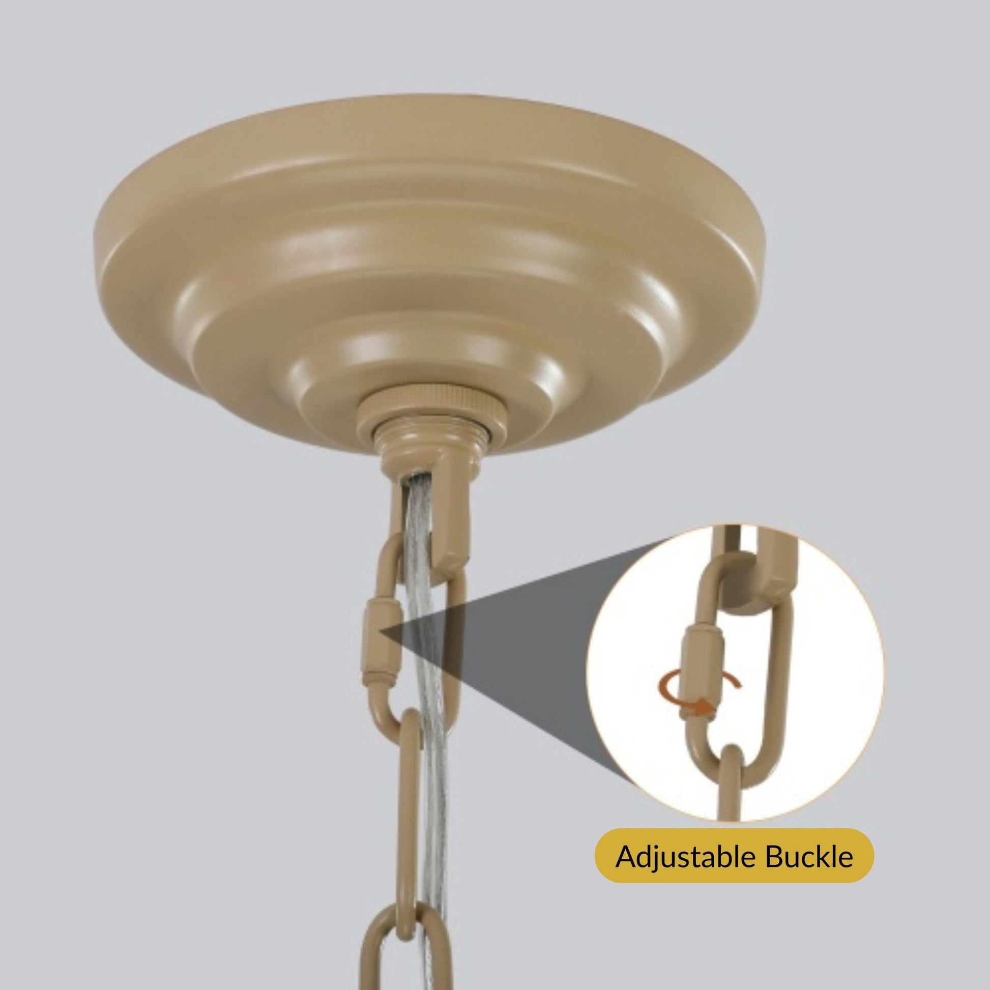 Beige ceiling pulley system with adjustable buckle on a gray background