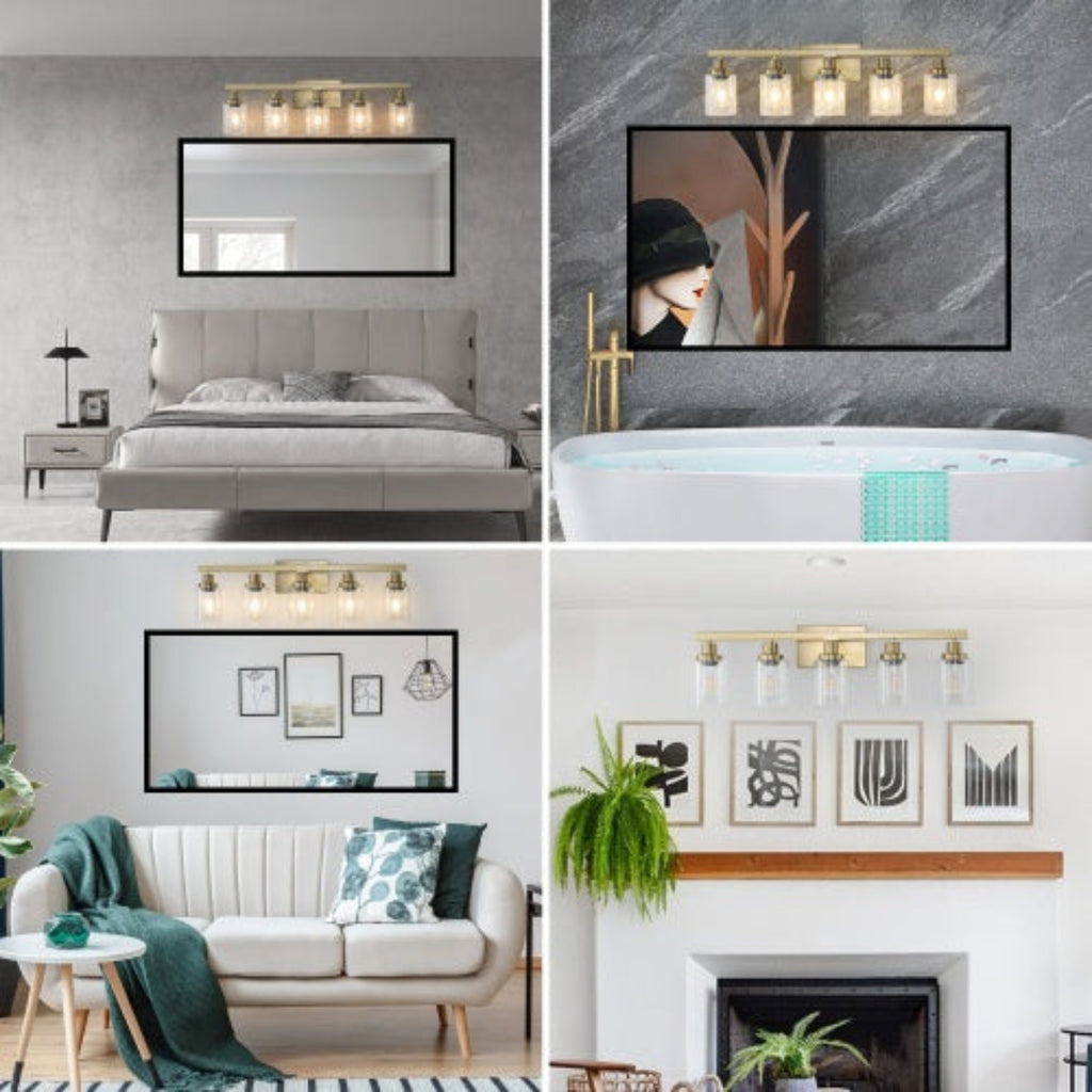Collage of interior design elements including a bed, wall sconces, and framed art in a home setting.